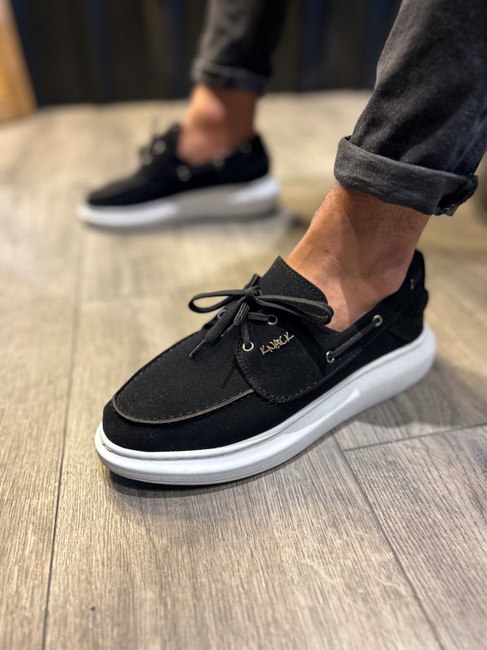 Yüksek Taban Mevsimlik Süet Ayakkabı 009 Siyah (Beyaz Taban)