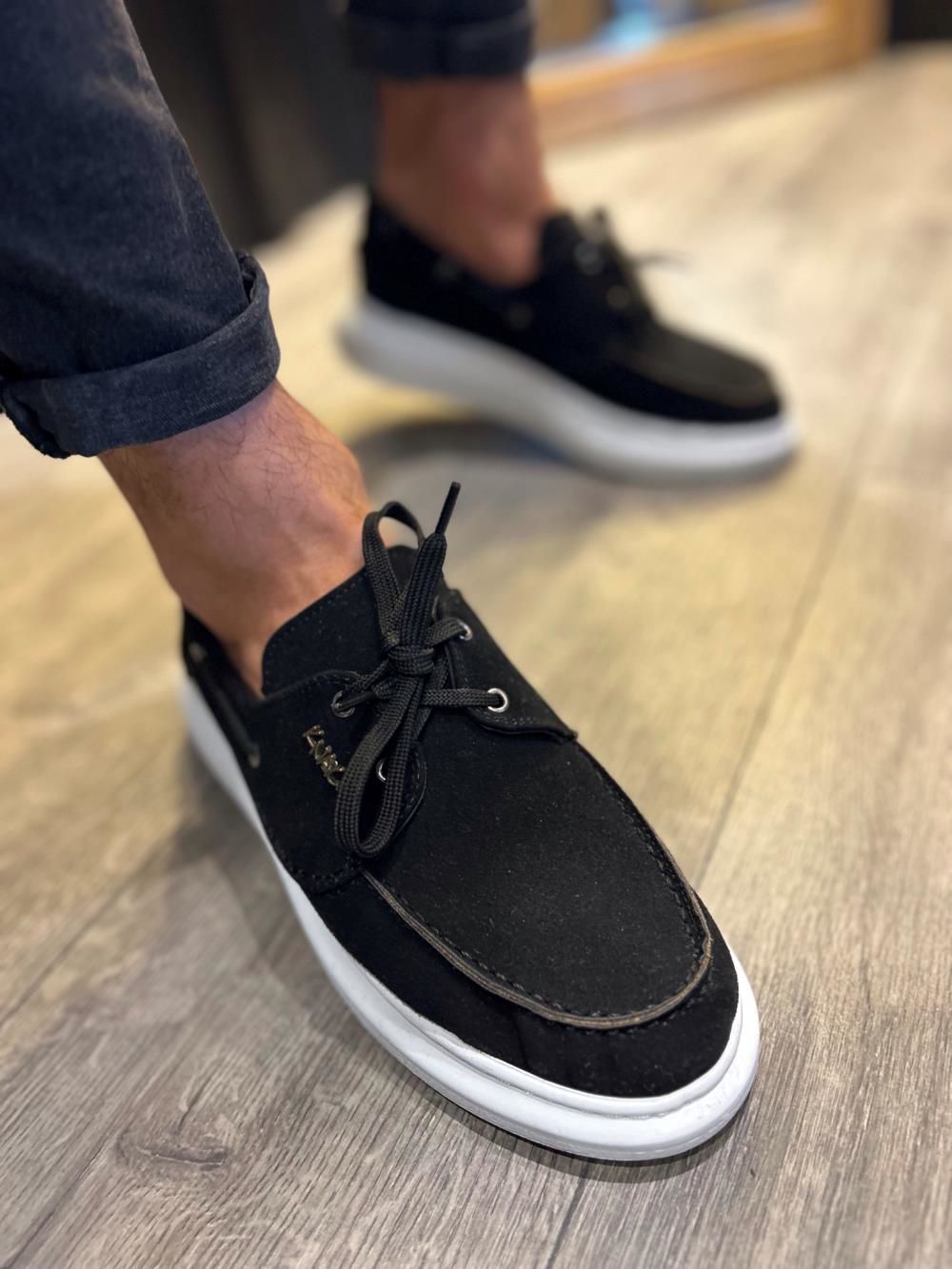 Yüksek Taban Mevsimlik Süet Ayakkabı 009 Siyah (Beyaz Taban)