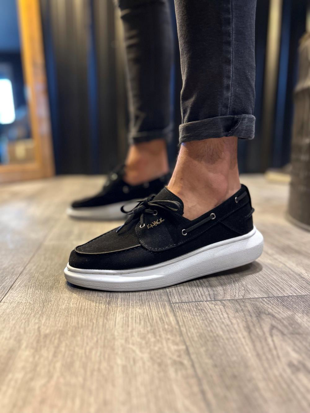 Yüksek Taban Mevsimlik Süet Ayakkabı 009 Siyah (Beyaz Taban)