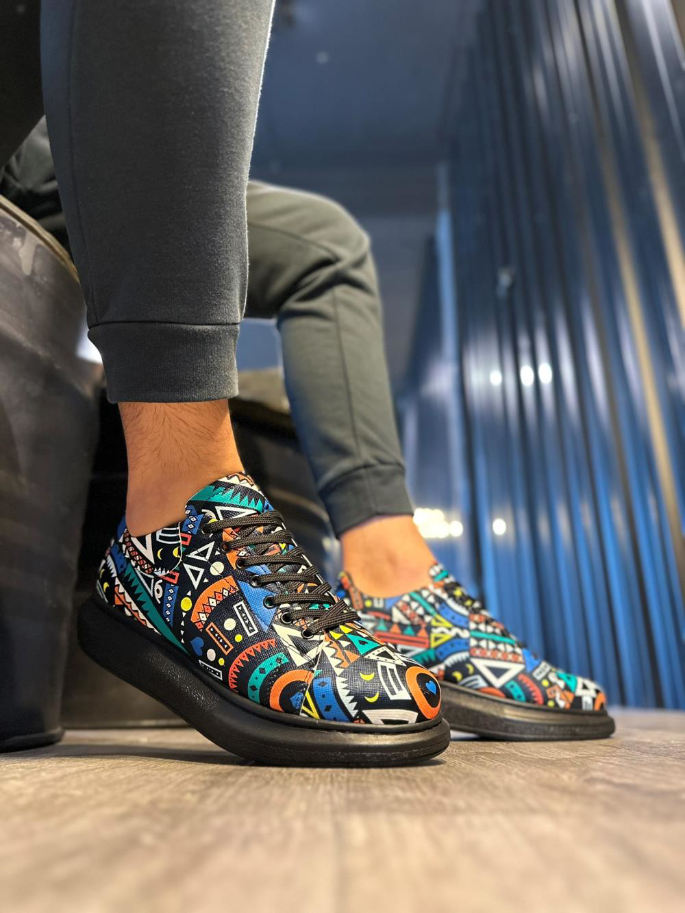 Yüksek Taban Renkli Baskılı Günlük Ayakkabı 046 Siyah (Siyah Taba