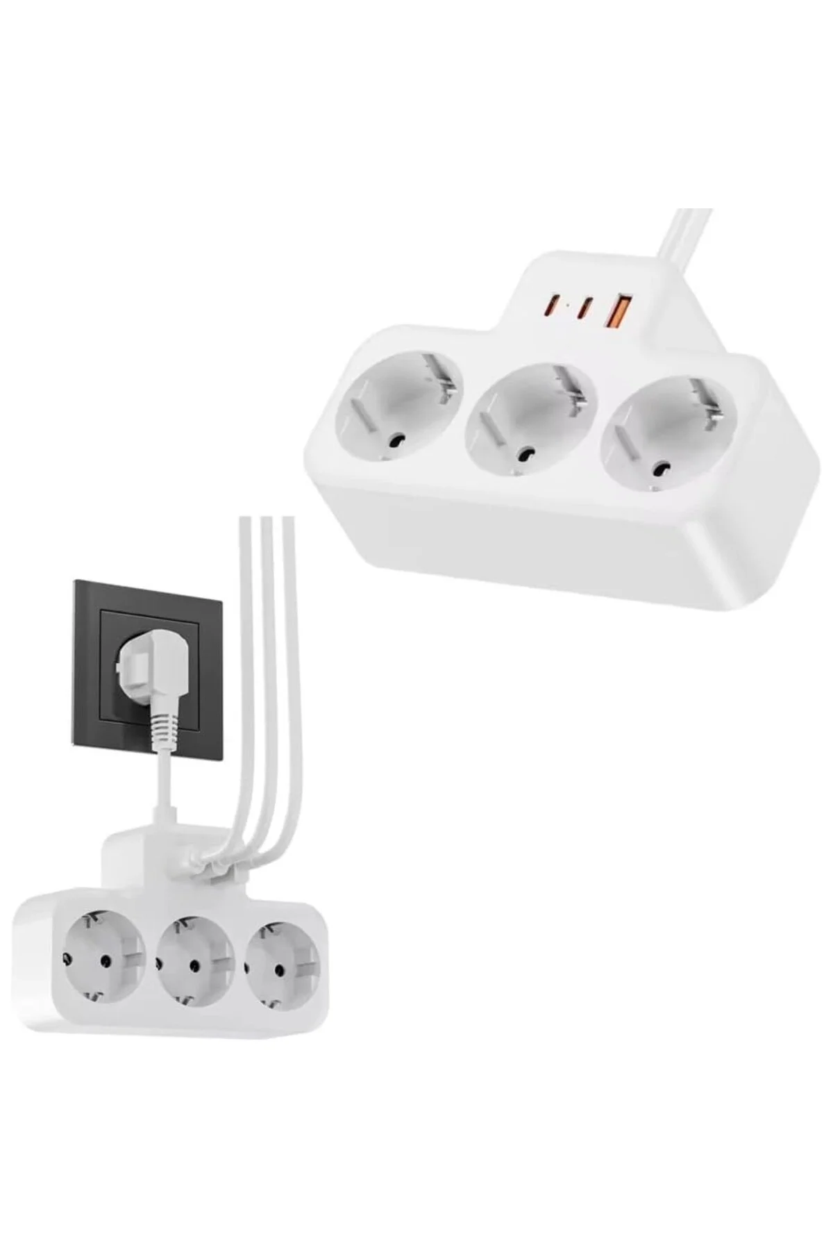 Yüksek Voltaj Korumalı Priz, Duvar Tipi Kısa Kablolu Priz Çoğaltıcı, 3x Soket, 2x Type-C, 1x