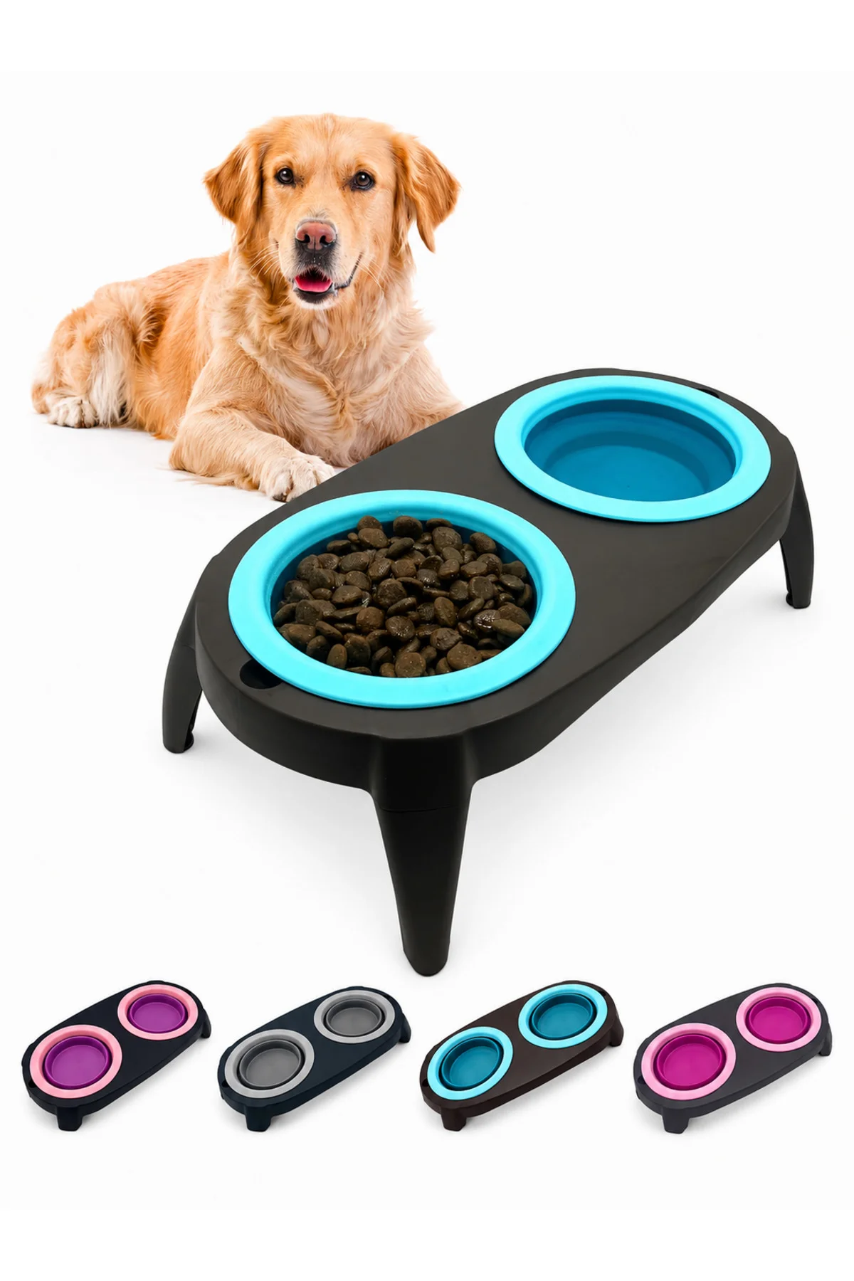 Yükseltilmiş İkili Kedi Köpek Mama ve Su Kabı Katlanabilir Silikon Hazneli 13 cm Ayaklı Mama Kabı
