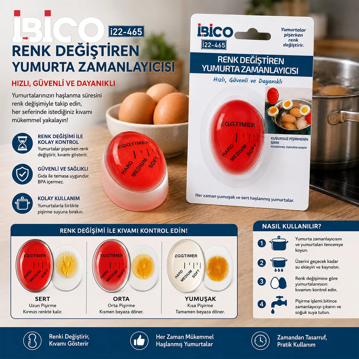 Yumurta Pişirme Zamanlayıcı Renk Değiştiren Kıvamlayıcı Sert - Orta - Yumuşak İ22-465 Fiyatı, Yorumları ve Özellikleri