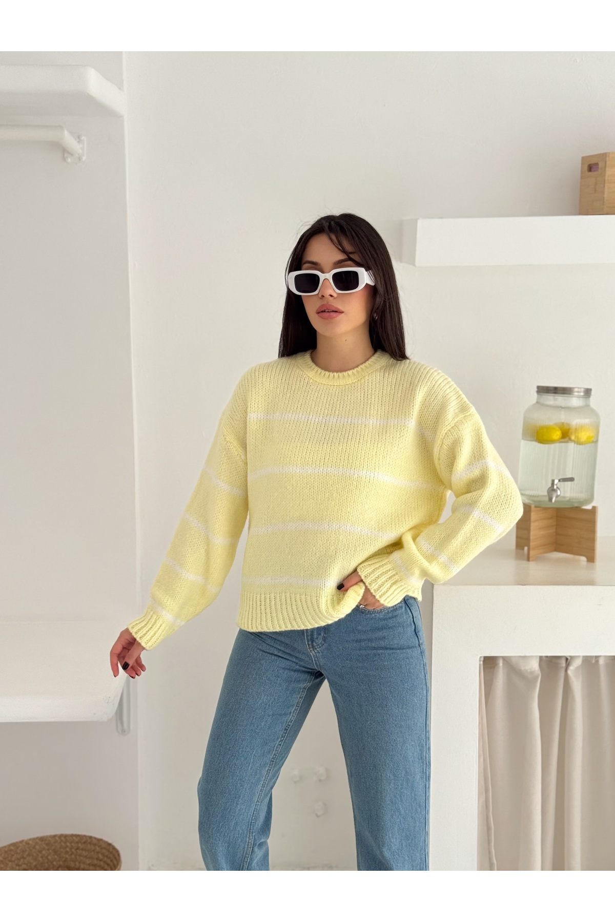 Fiolin Yumuşak Doku Bisiklet Yaka Çizgili Triko Kazak