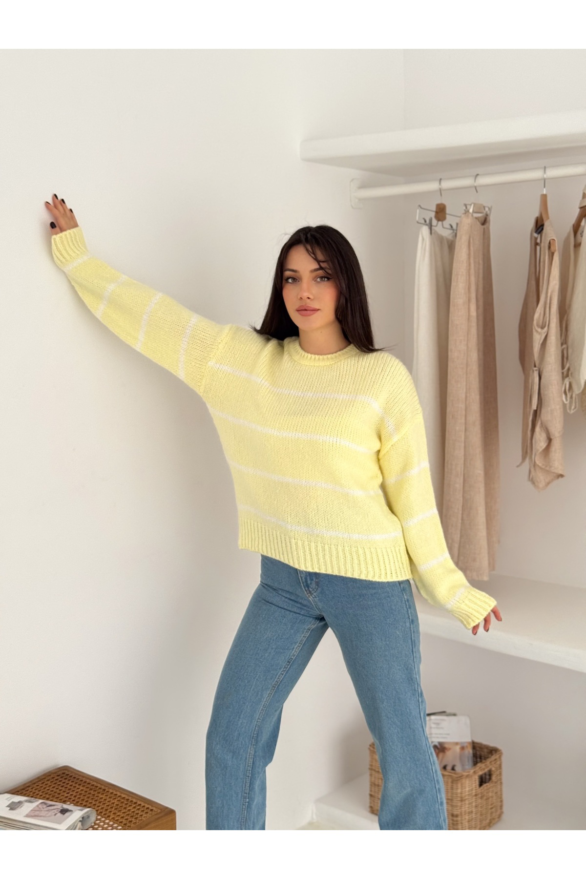 Fiolin Yumuşak Doku Bisiklet Yaka Çizgili Triko Kazak