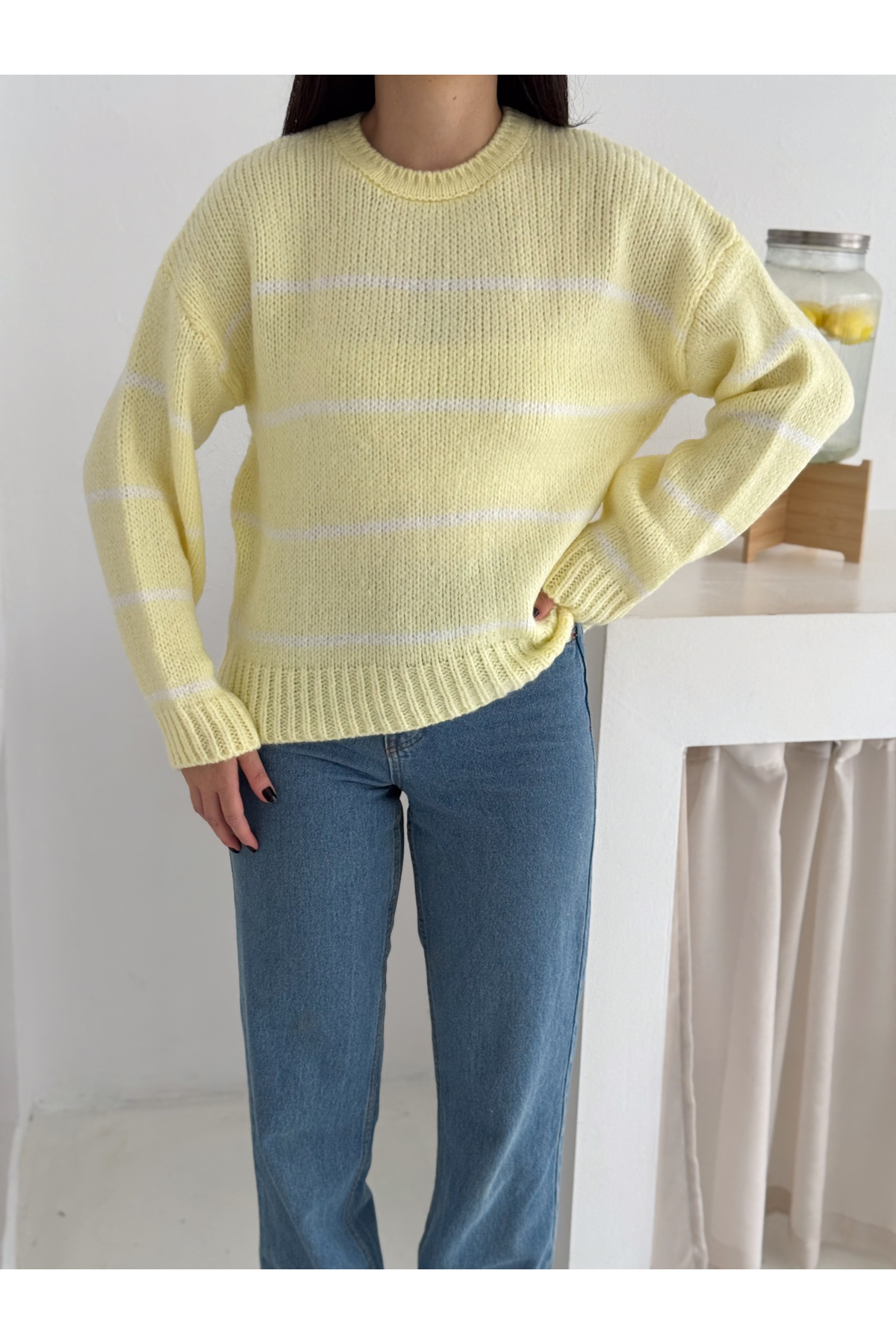 Fiolin Yumuşak Doku Bisiklet Yaka Çizgili Triko Kazak