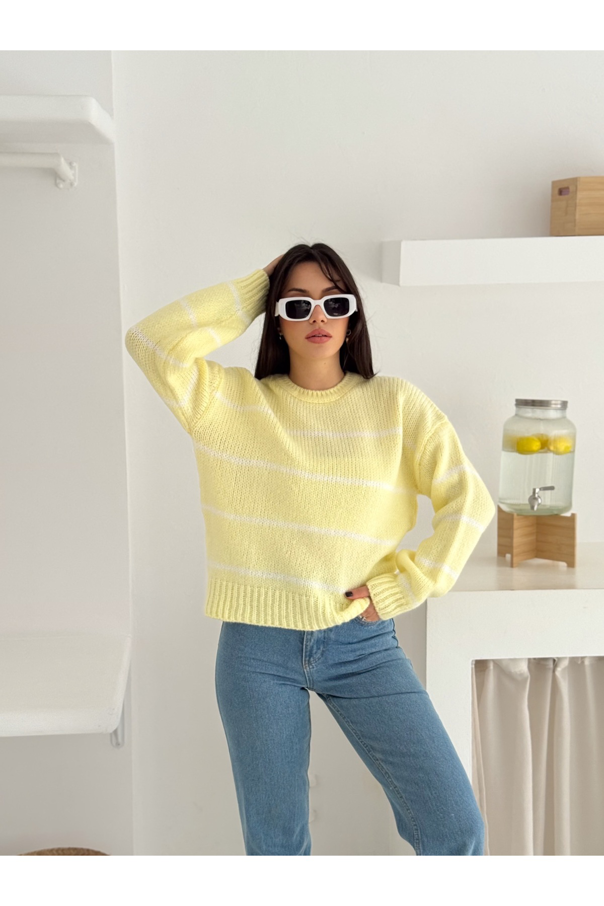 Fiolin Yumuşak Doku Bisiklet Yaka Çizgili Triko Kazak