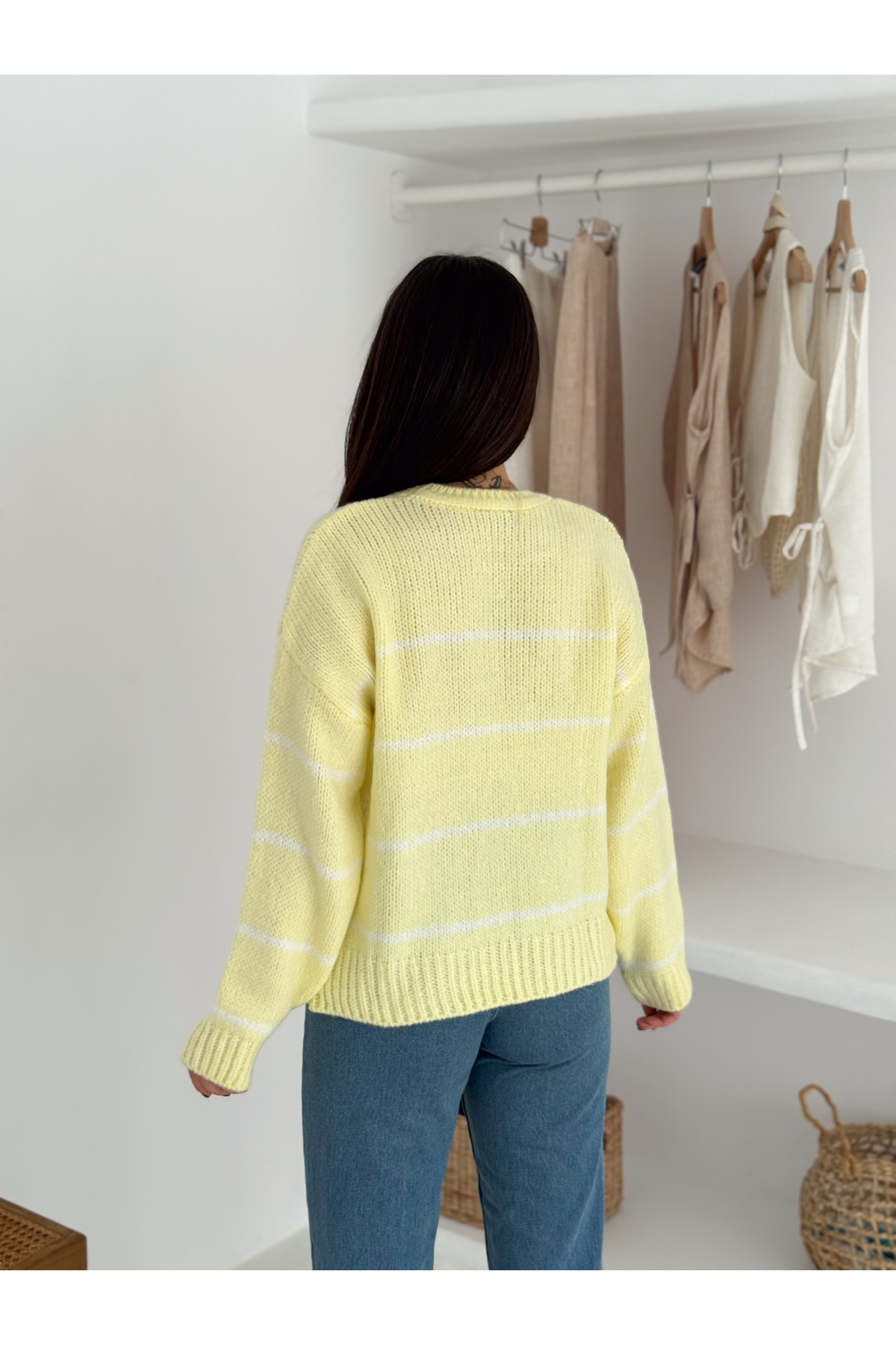 Fiolin Yumuşak Doku Bisiklet Yaka Çizgili Triko Kazak