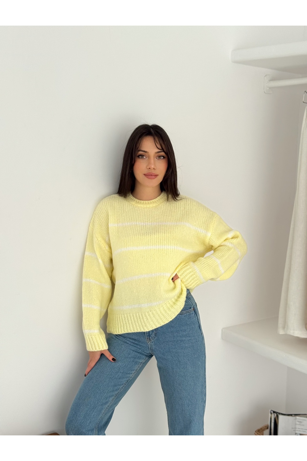 Fiolin Yumuşak Doku Bisiklet Yaka Çizgili Triko Kazak
