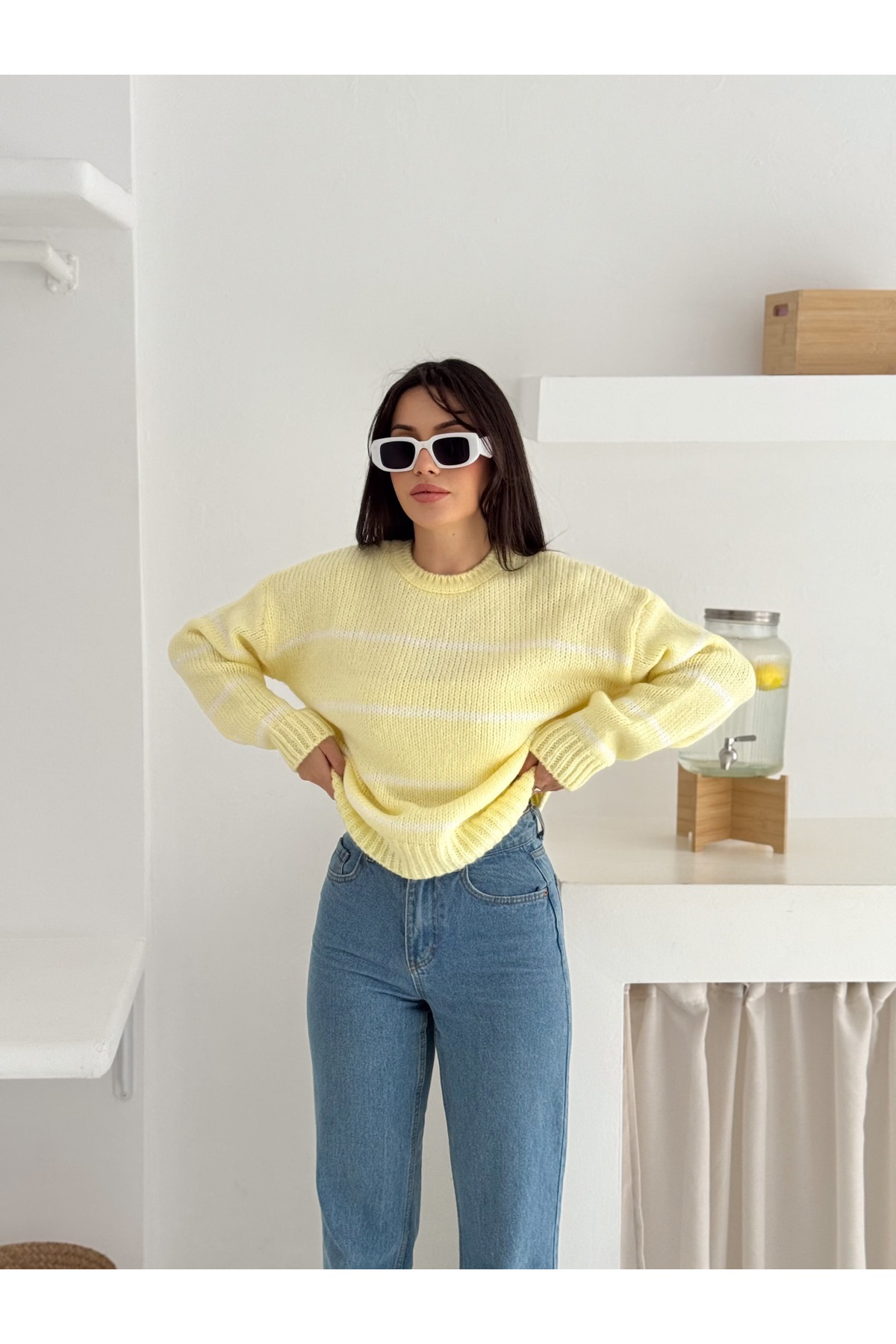 Fiolin Yumuşak Doku Bisiklet Yaka Çizgili Triko Kazak