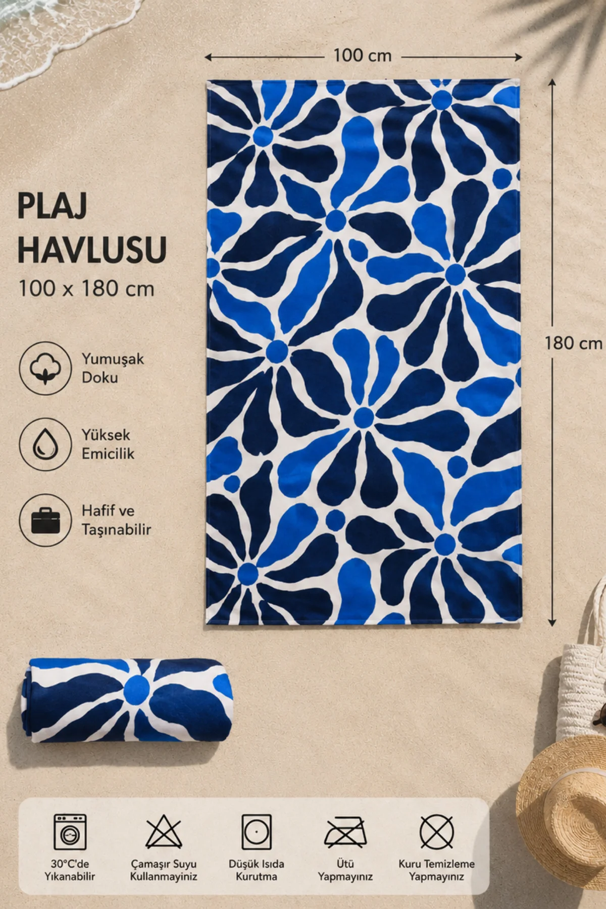 Yumuşak Dokulu Büyük Boy Plaj Havlusu 100x180 cm Desenli Deniz Ha