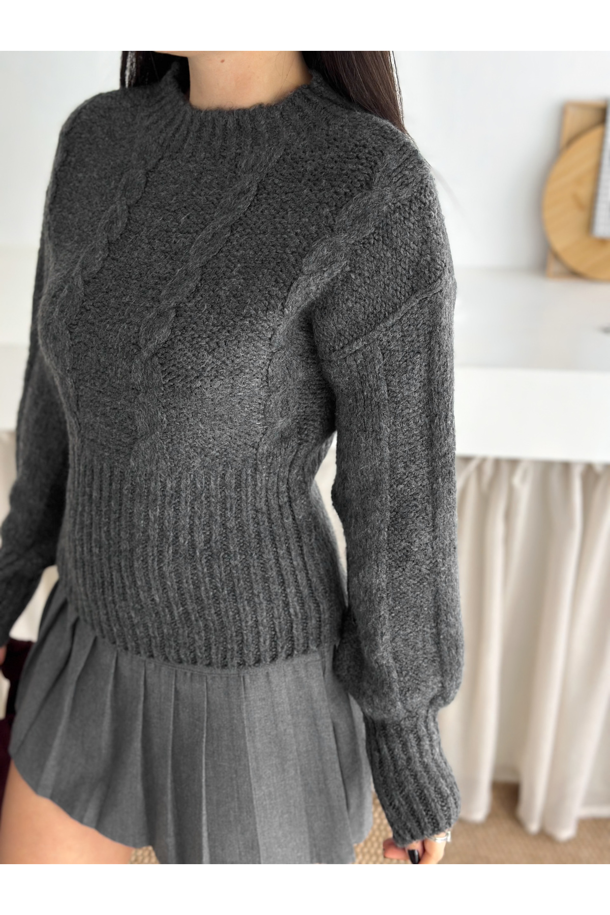 Fiolin Yumuşak Dokulu Örgü Desen Bisiklet Yaka Triko Kazak