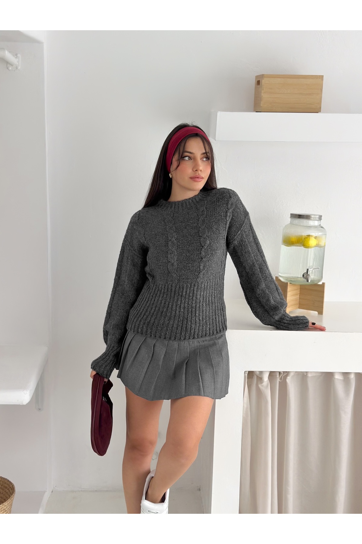 Fiolin Yumuşak Dokulu Örgü Desen Bisiklet Yaka Triko Kazak