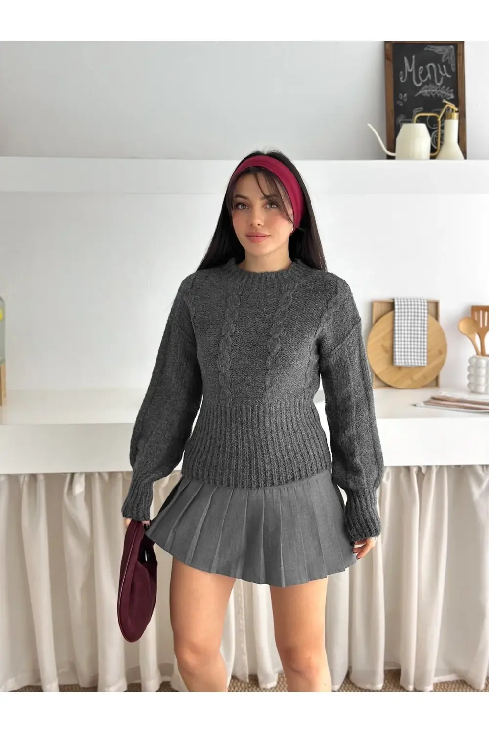 Yumuşak Dokulu Örgü Desen Bisiklet Yaka Triko Kazak