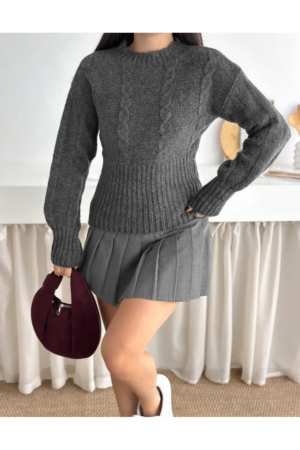 Yumuşak Dokulu Örgü Desen Bisiklet Yaka Triko Kazak