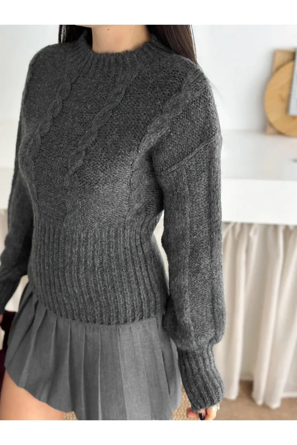 Yumuşak Dokulu Örgü Desen Bisiklet Yaka Triko Kazak