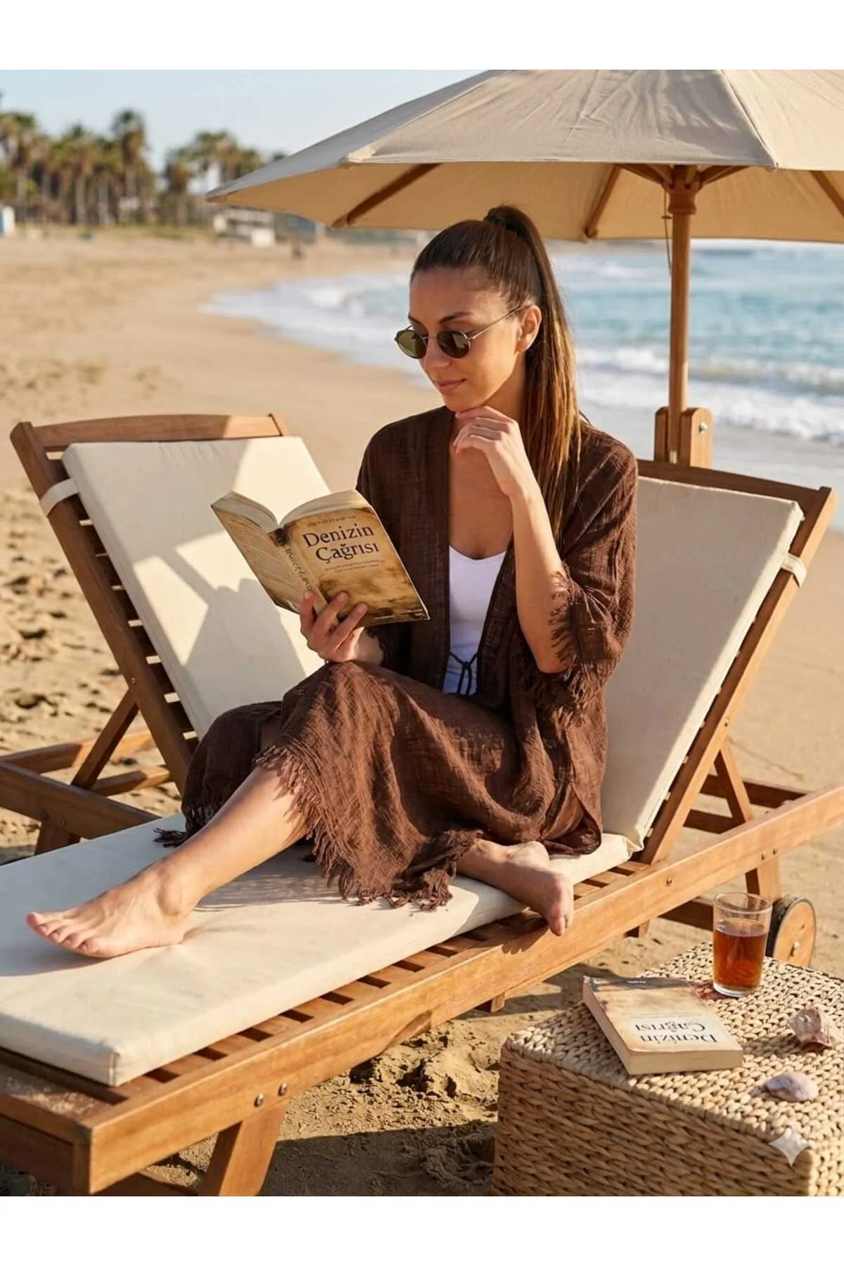 Yumuşak Dokulu Püsküllü Relax Pareo İpli Bağlamalı Plaj Elbisesi Bohem Stil Püsküllü Pamuksu Dokulu Şık Premium Panço Şal Kahverengi