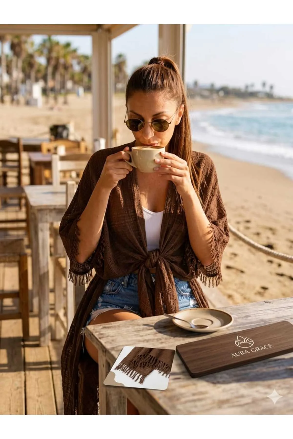 Yumuşak Dokulu Püsküllü Relax Pareo İpli Bağlamalı Plaj Elbisesi Bohem Stil Püsküllü Pamuksu Dokulu Şık Premium Panço Şal Kahverengi