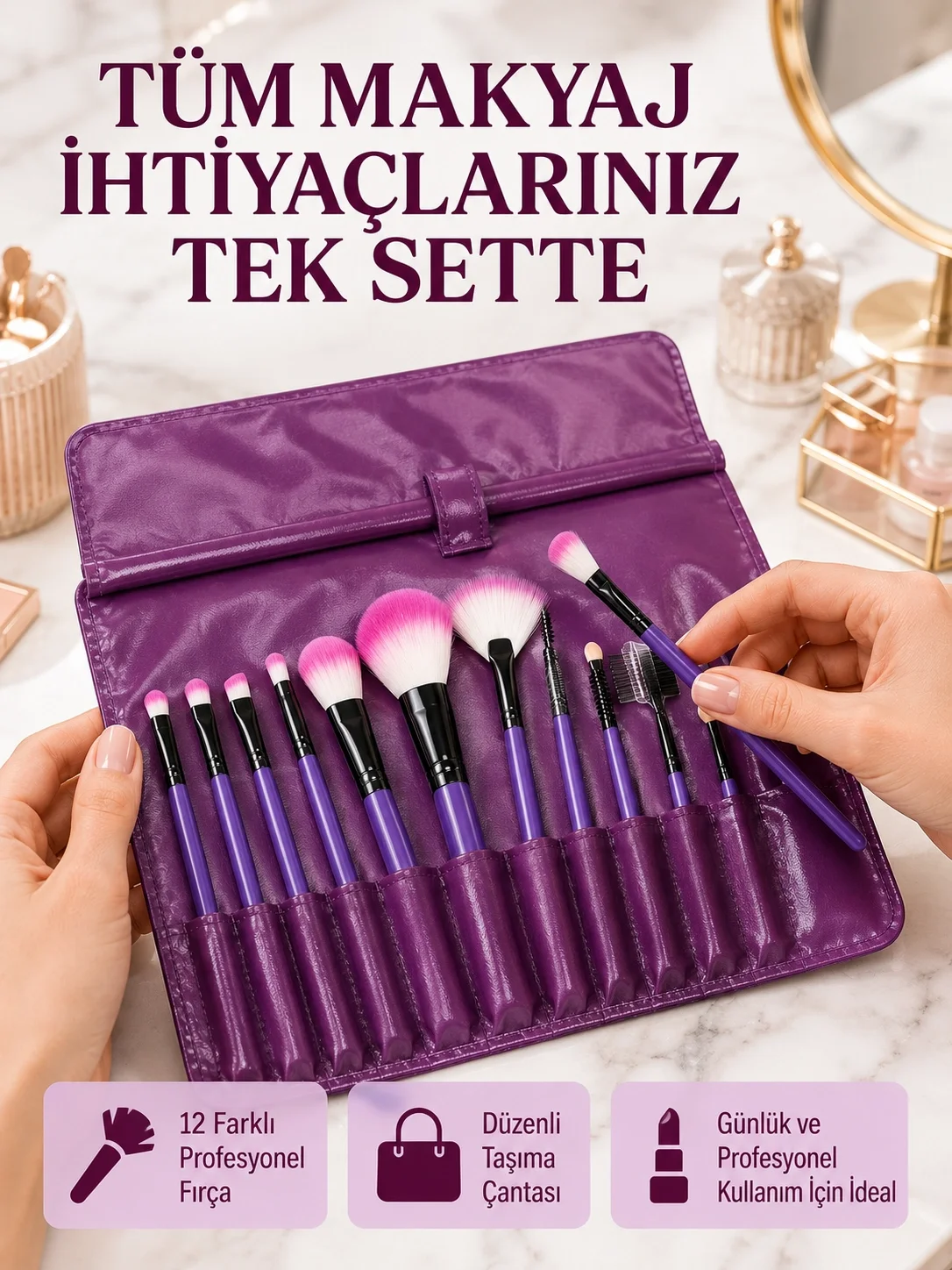 Yumuşak Fiber Kıllardan Oluşan 12'li Makyaj Fırçası Seti Göz Farı Allık ve Kontür İçin