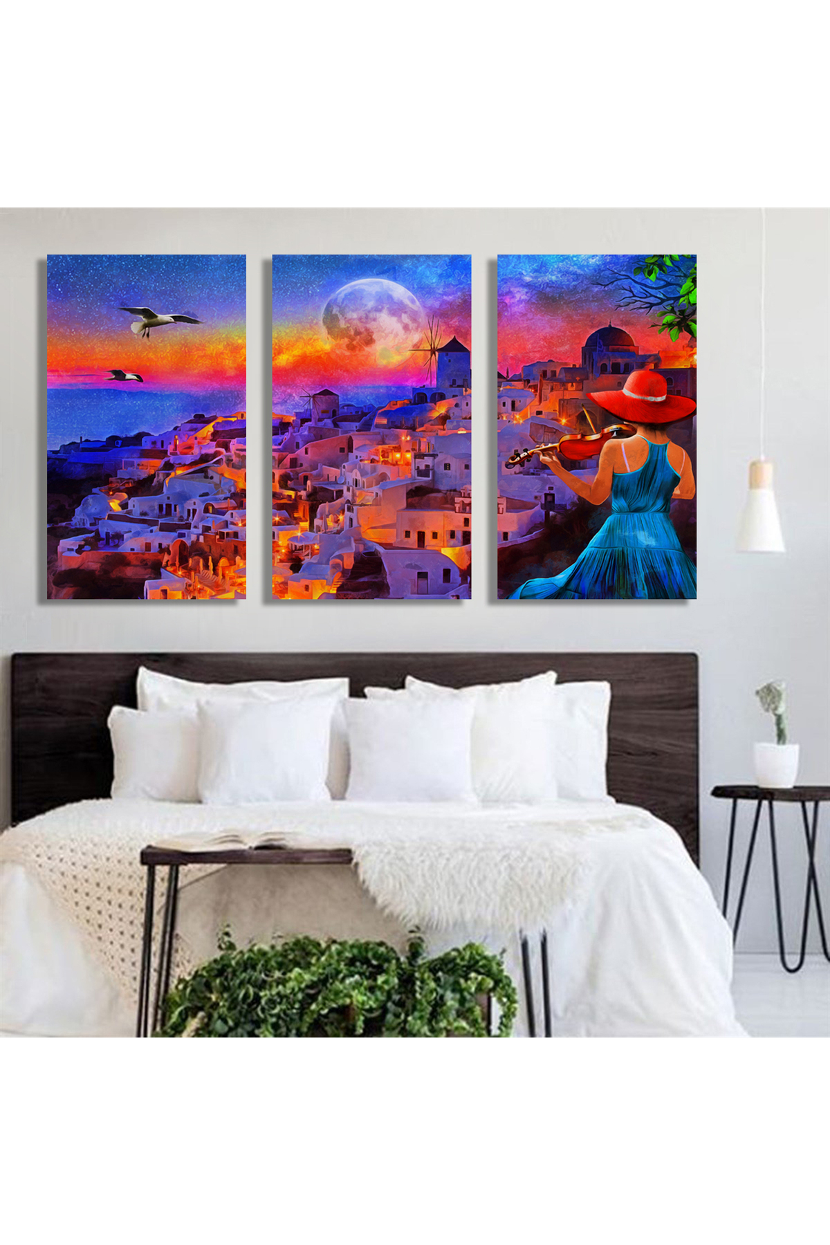 Korkmazkanvas Yunanistan'da Sontirini'de Geceleri Keman Çalan Kız. 3'Lü Kanvas