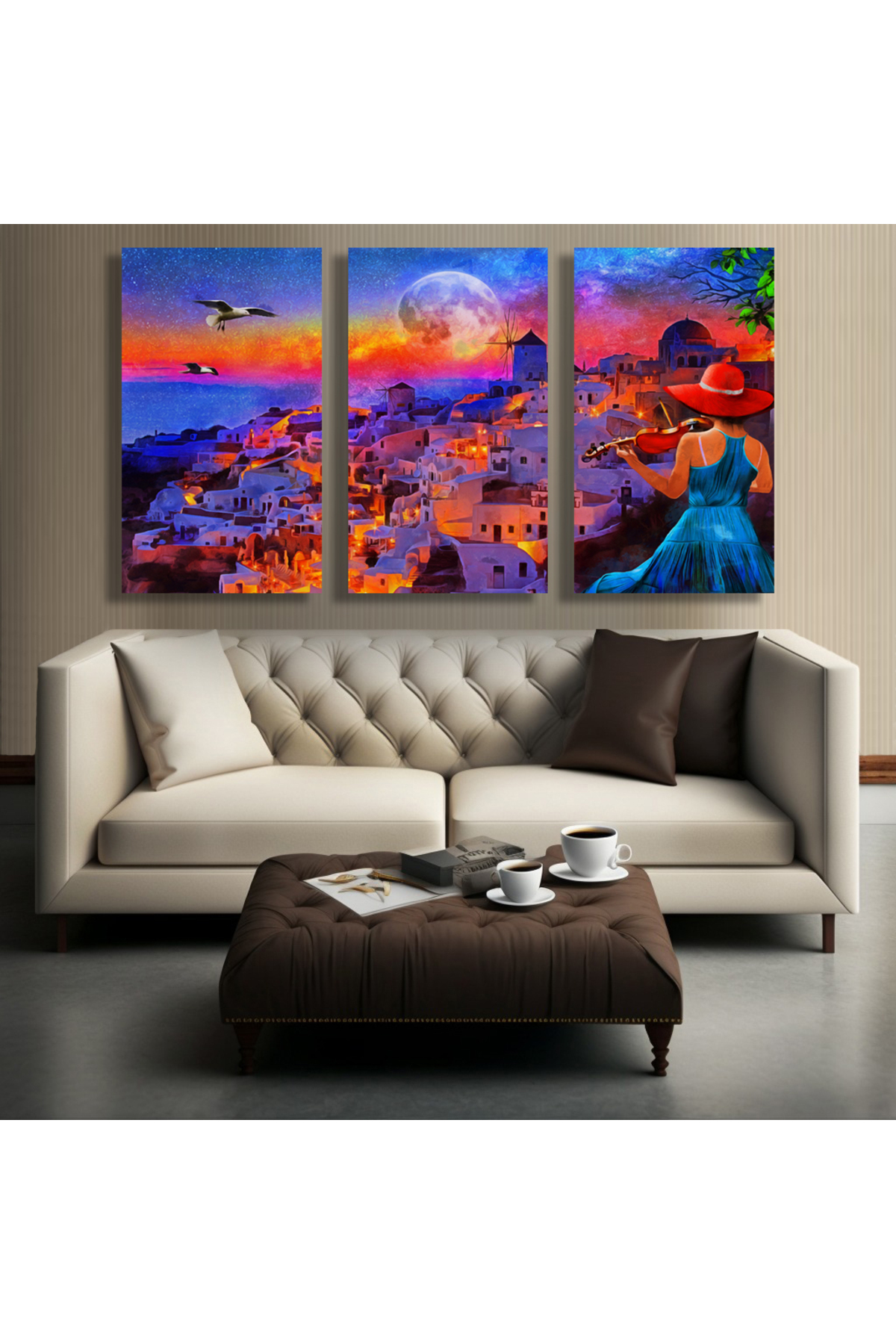 Korkmazkanvas Yunanistan'da Sontirini'de Geceleri Keman Çalan Kız. 3'Lü Kanvas