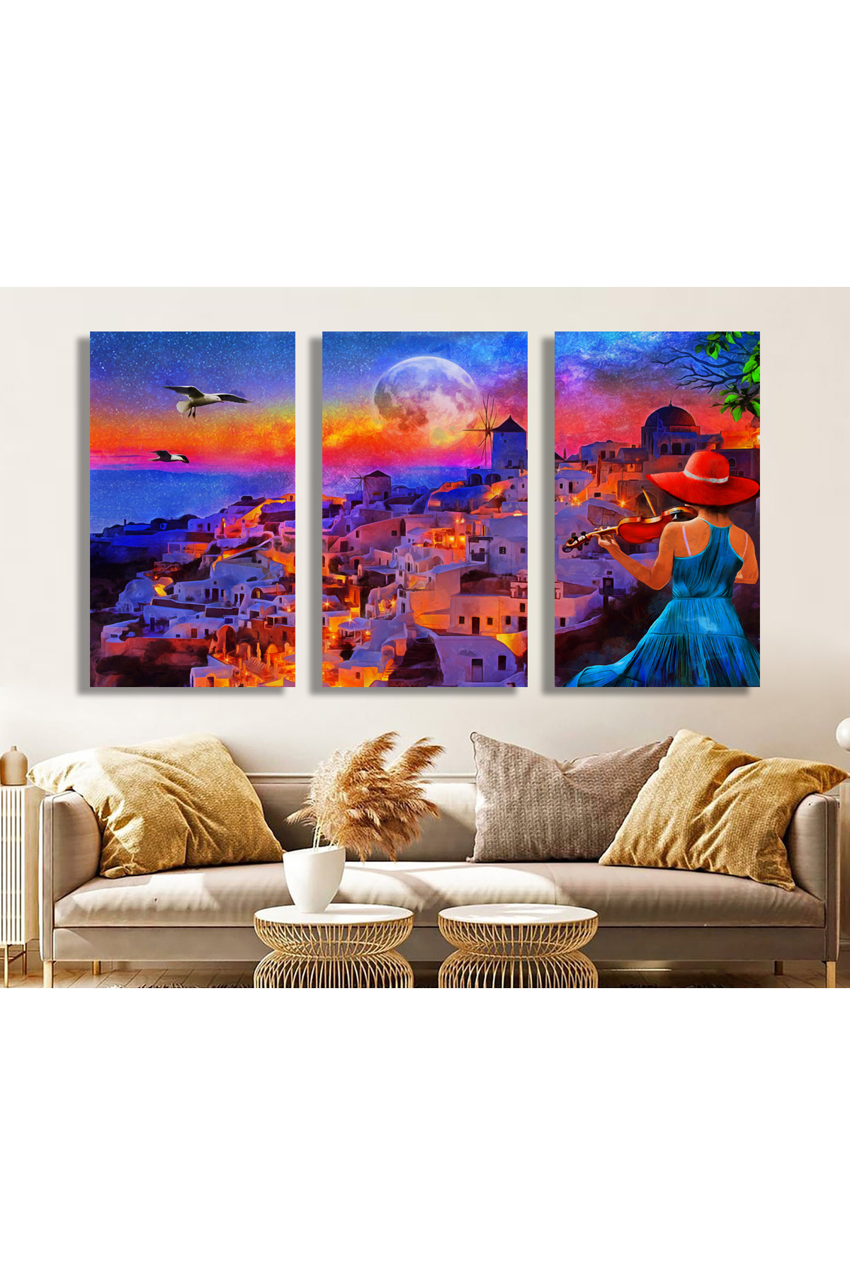 Korkmazkanvas Yunanistan'da Sontirini'de Geceleri Keman Çalan Kız. 3'Lü Kanvas
