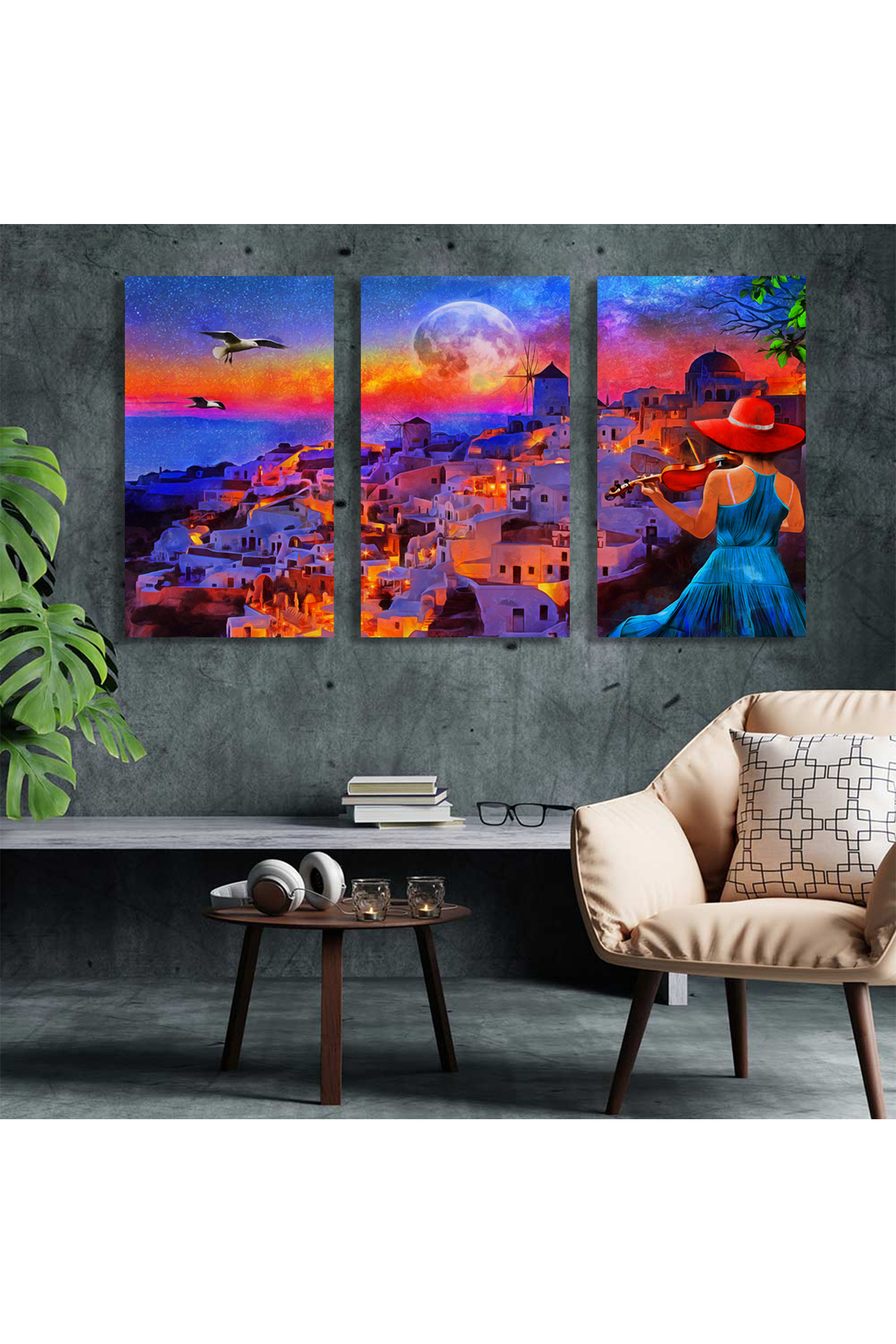 Korkmazkanvas Yunanistan'da Sontirini'de Geceleri Keman Çalan Kız. 3'Lü Kanvas