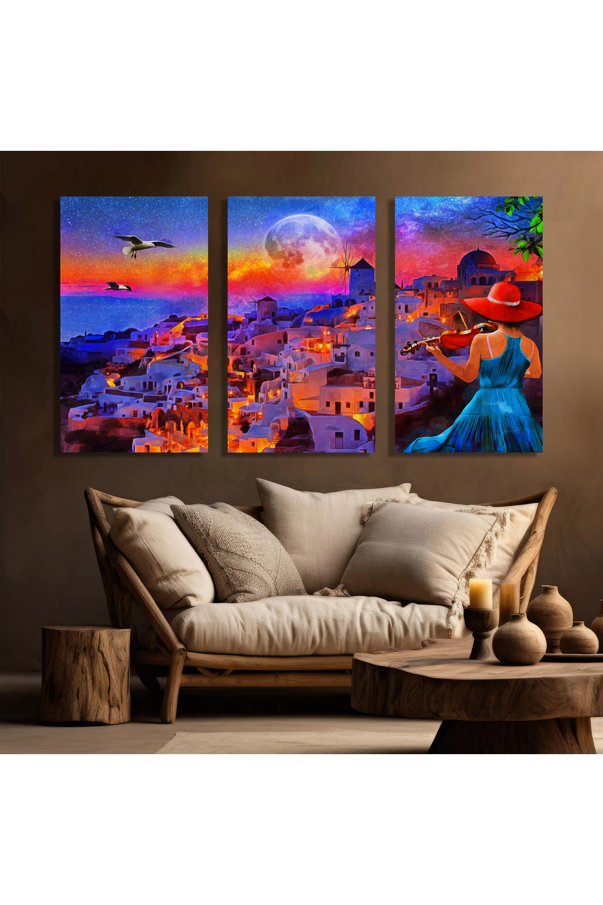 Korkmazkanvas Yunanistan'da Sontirini'de Geceleri Keman Çalan Kız. 3'Lü Kanvas
