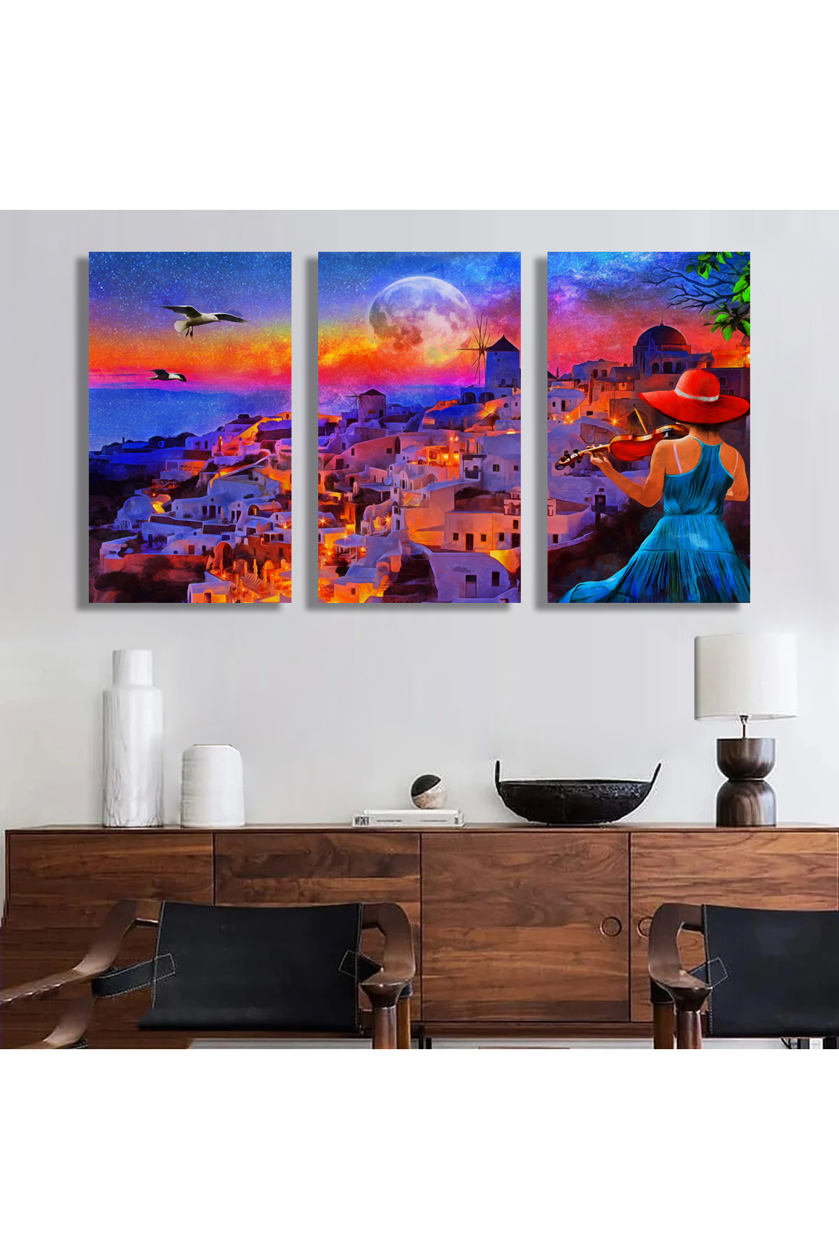 Korkmazkanvas Yunanistan'da Sontirini'de Geceleri Keman Çalan Kız. 3'Lü Kanvas