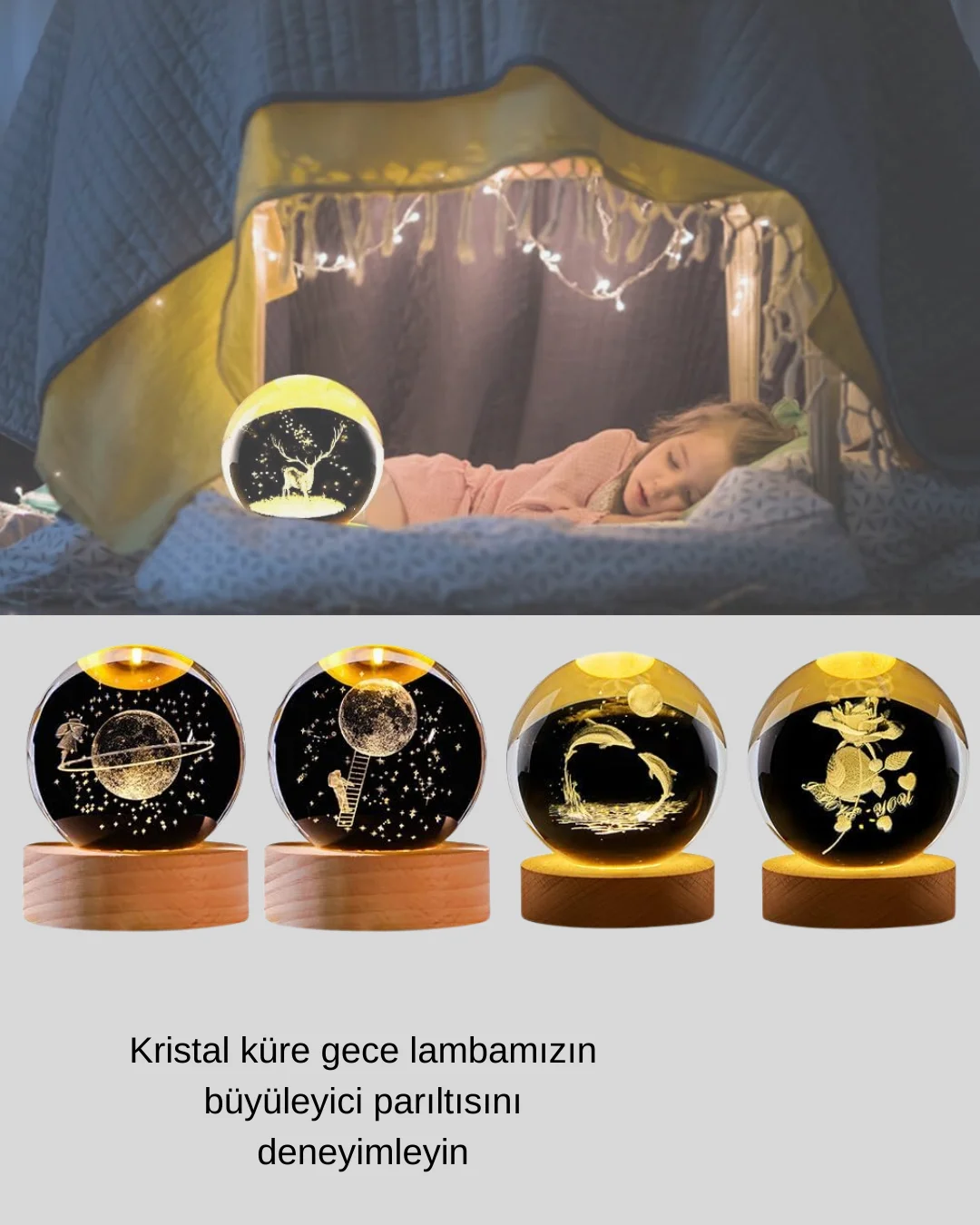 Yunus Figürlü LED Kristal Küre Ahşap Standlı Dekoratif Gece Lambası