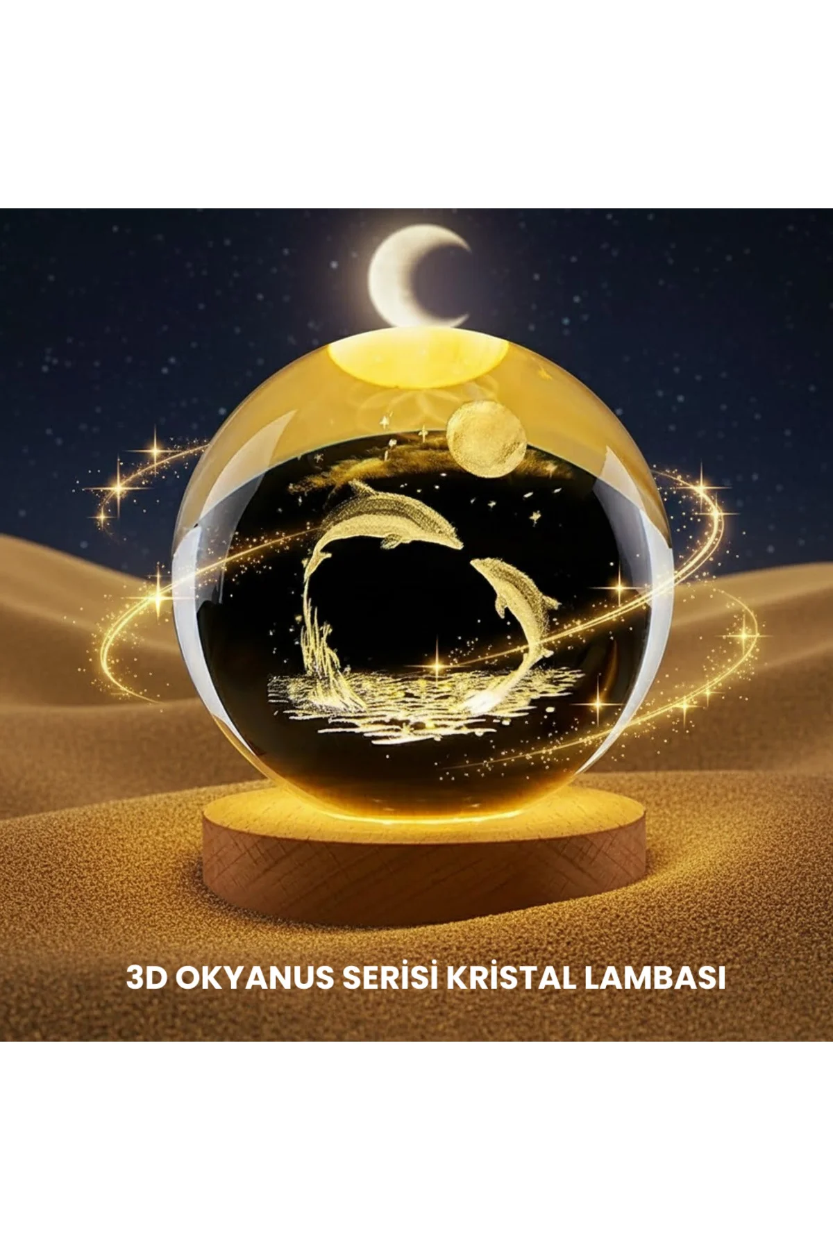 Yunus Temalı Kristal Küre USB Işıklı Ahşap Altlıklı Gece Lambası