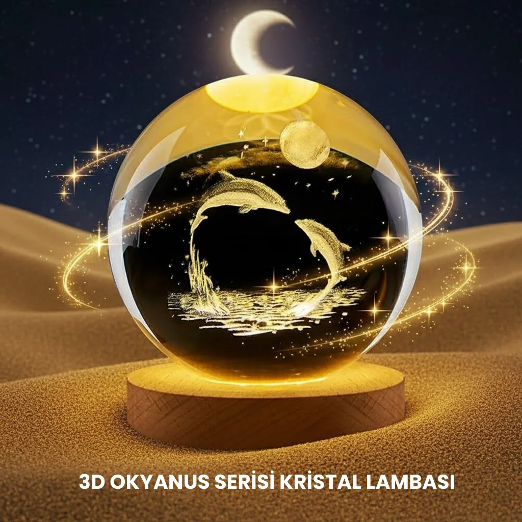 Yunus Temalı Kristal Küre USB Işıklı Ahşap Altlık Gece Lambası - Huzur Verici Dekorasyon
