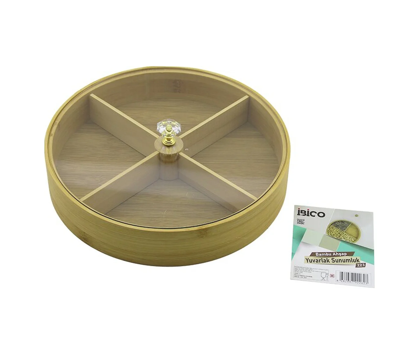 Yuvarlak 4 Bölmeli 2ın1 Bölmesiz Çok Amaçlı Kutu Ahşap Bambu Servis Sunum Tepsi - Tahtası 22cm 5224