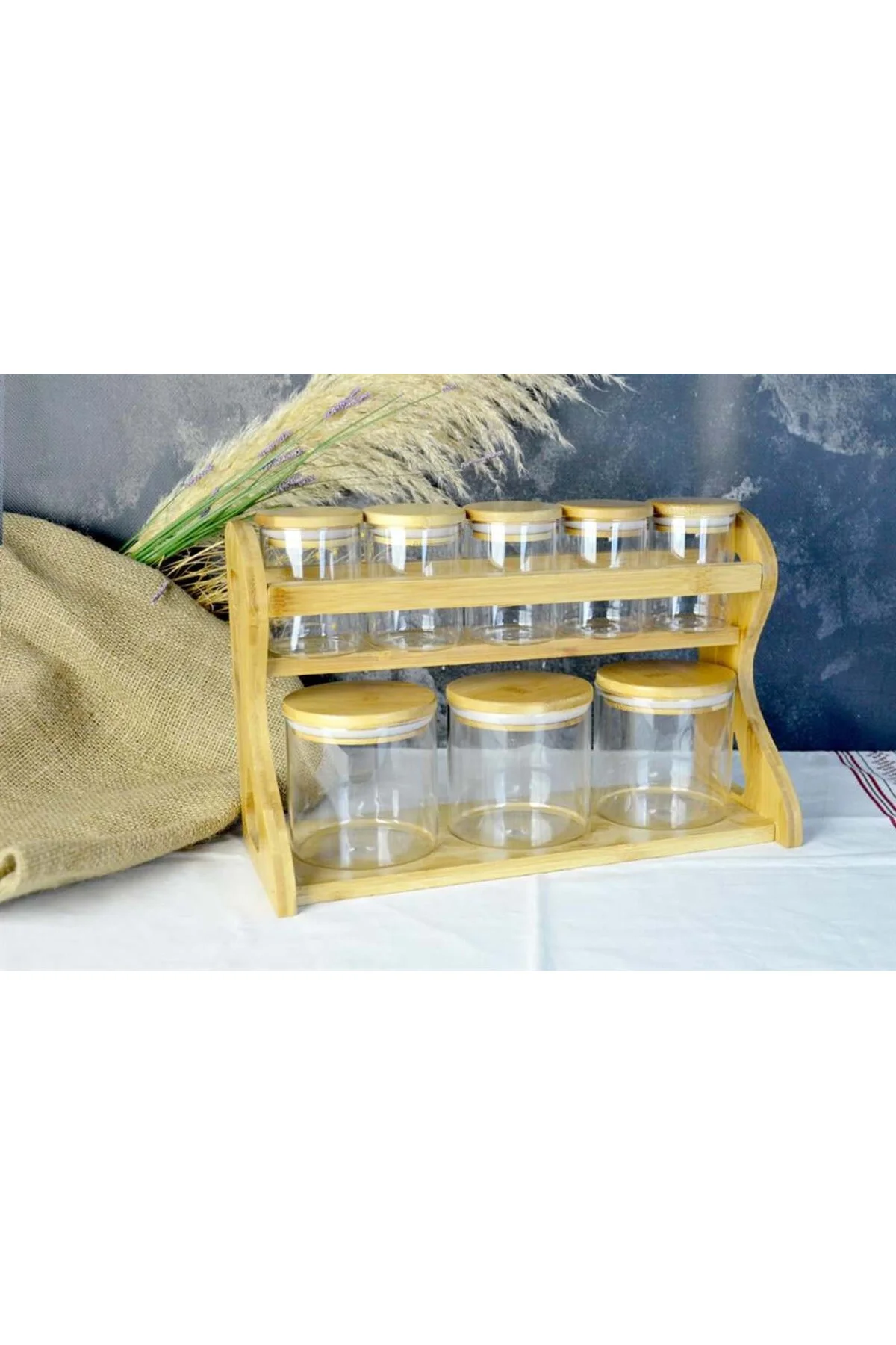 YUVARLAK 8 PARÇA STANDLI, BAHARATLIK SETİ, BAMBU KAPAKLI BAHARATL