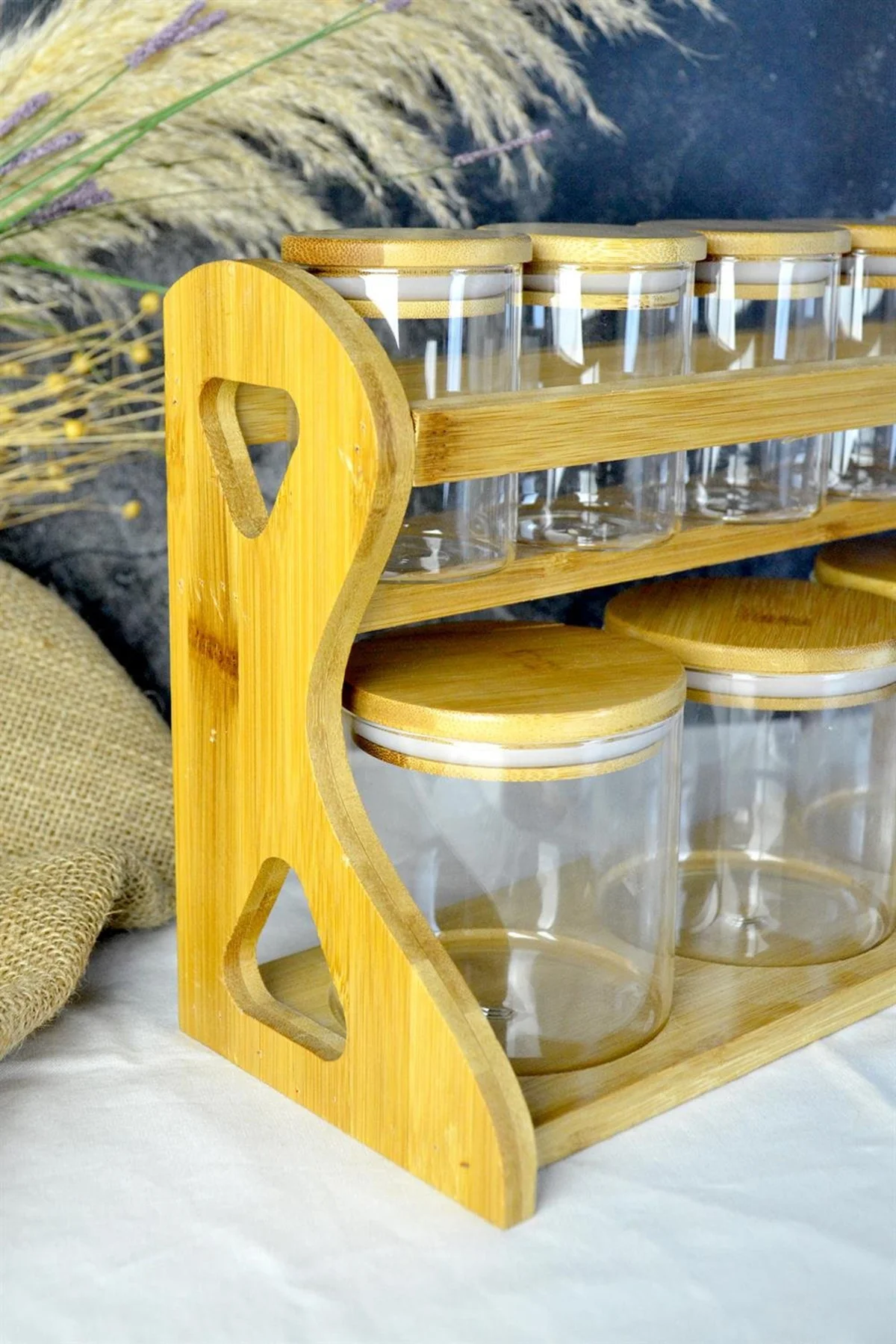 YUVARLAK 8 PARÇA STANDLI, BAHARATLIK SETİ, BAMBU KAPAKLI BAHARATL