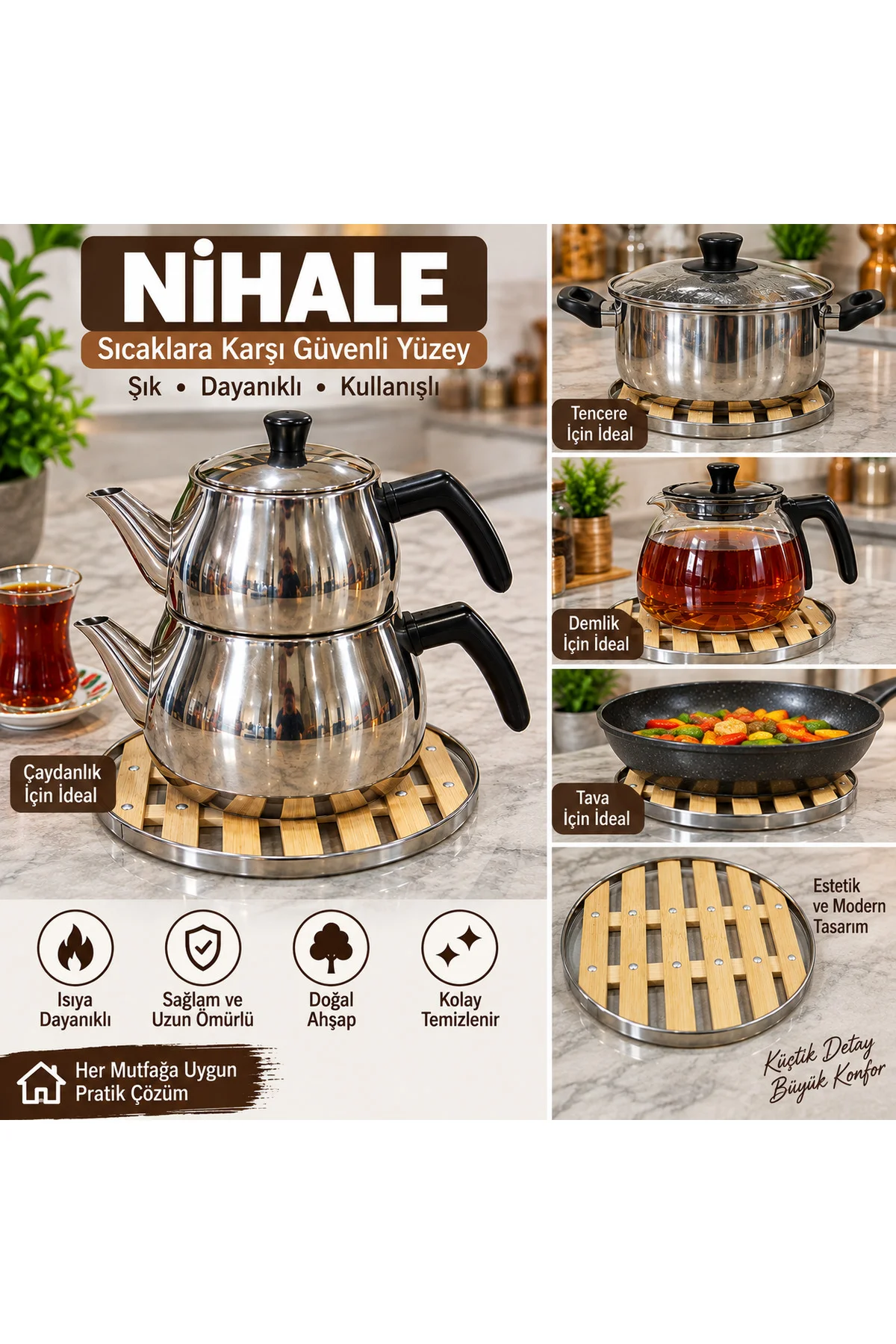 Yuvarlak Ahşap Metal Nihale – Isıya Dayanıklı Tencere ve Çaydanlık Altlığı