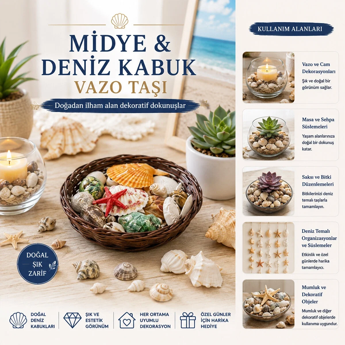 Yuvarlak Ahşap Sepet Renkli Mix Midye - Deniz Kabuk Vazo Taşı Bx40 Fiyatı, Yorumları ve Özellikleri
