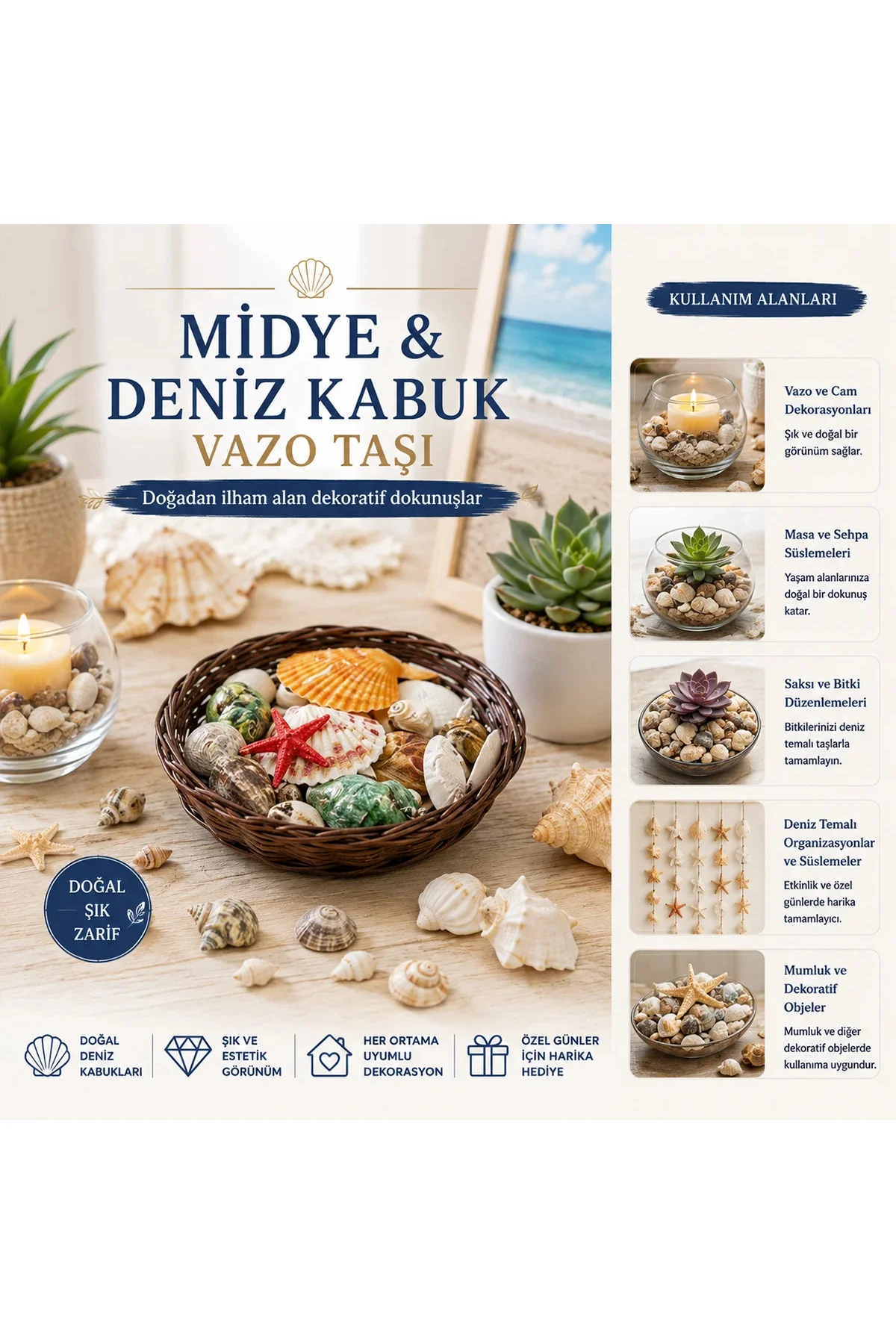 Yuvarlak Ahşap Sepet 54'lü Renkli Midye & Deniz Kabukları - Vazo Taşı Seti Yuvarlak Ahşap Sepet 54'lü Renkli Midye & Deniz Kabukları - Vazo Taşı Seti