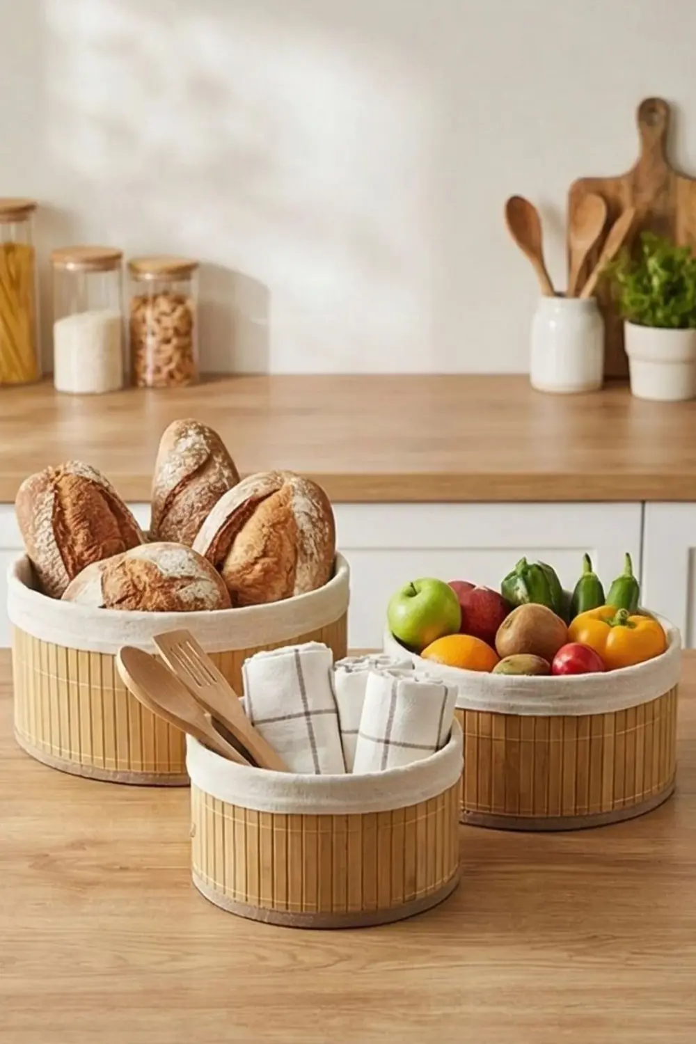 Yuvarlak Astarlı 3'lü Bambu Sepet - Çok Amaçlı Meyve Sepeti Oyunc