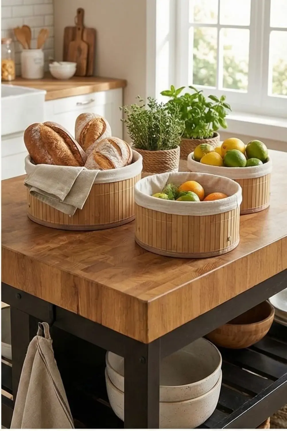 Yuvarlak Astarlı 3'lü Bambu Sepet - Çok Amaçlı Meyve Sepeti Oyunc