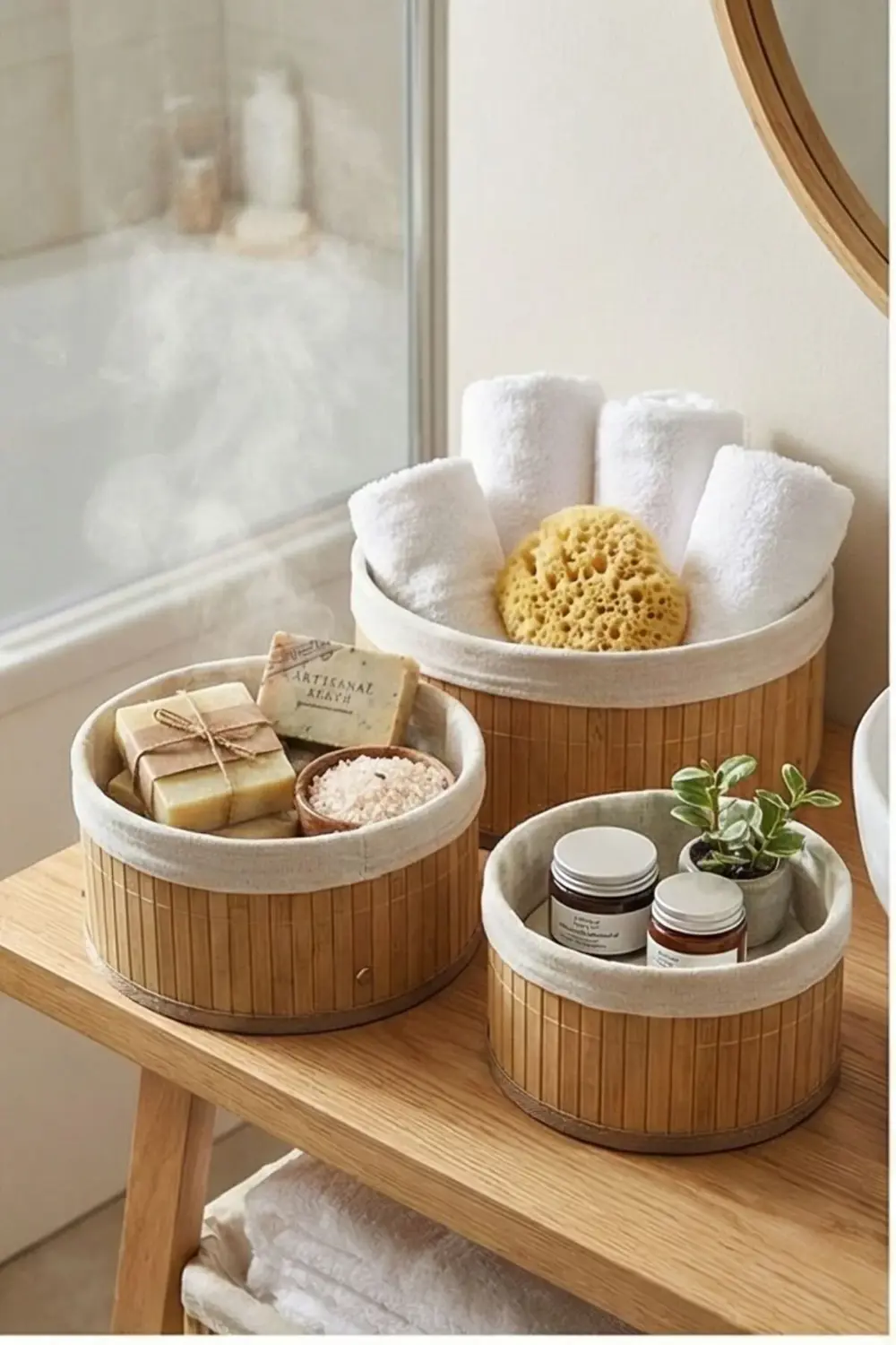 Yuvarlak Astarlı 3'lü Bambu Sepet - Çok Amaçlı Meyve Sepeti Oyunc