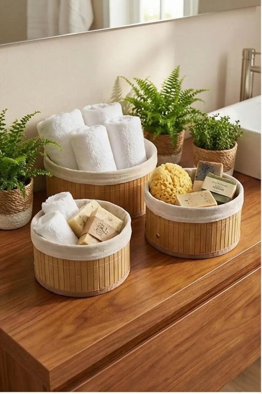 Yuvarlak Astarlı 3'lü Bambu Sepet - Çok Amaçlı Meyve Sepeti Oyunc