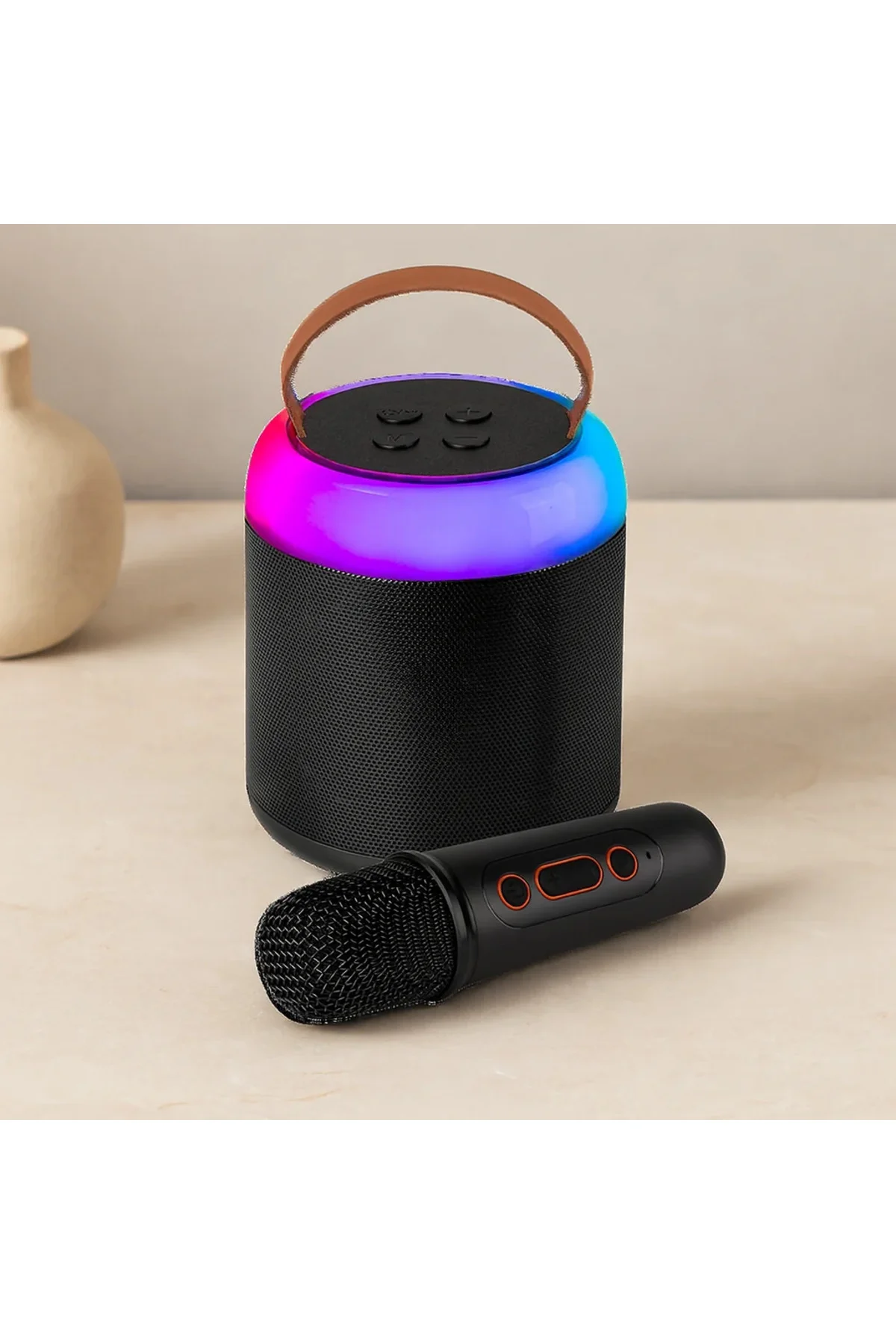 Yuvarlak Bluetooth Kablosuz Karaoke Hoparlör - Mikrofonlu, USB Şarjlı, Işıklı