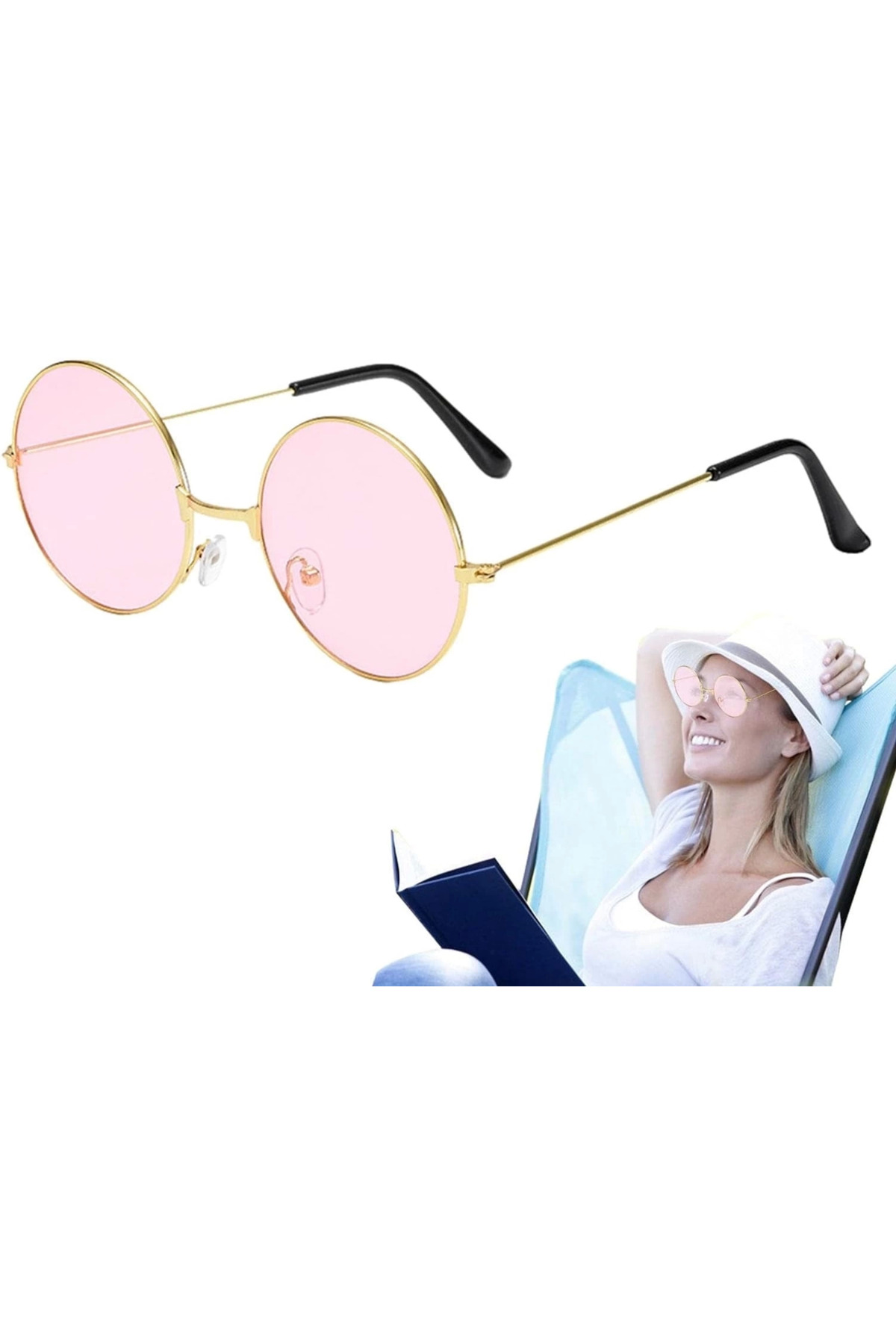 Easy Tedarik Yuvarlak Cam John Lennon Tarzı Hippi Gold Çerçeveli Pembe Gözlük