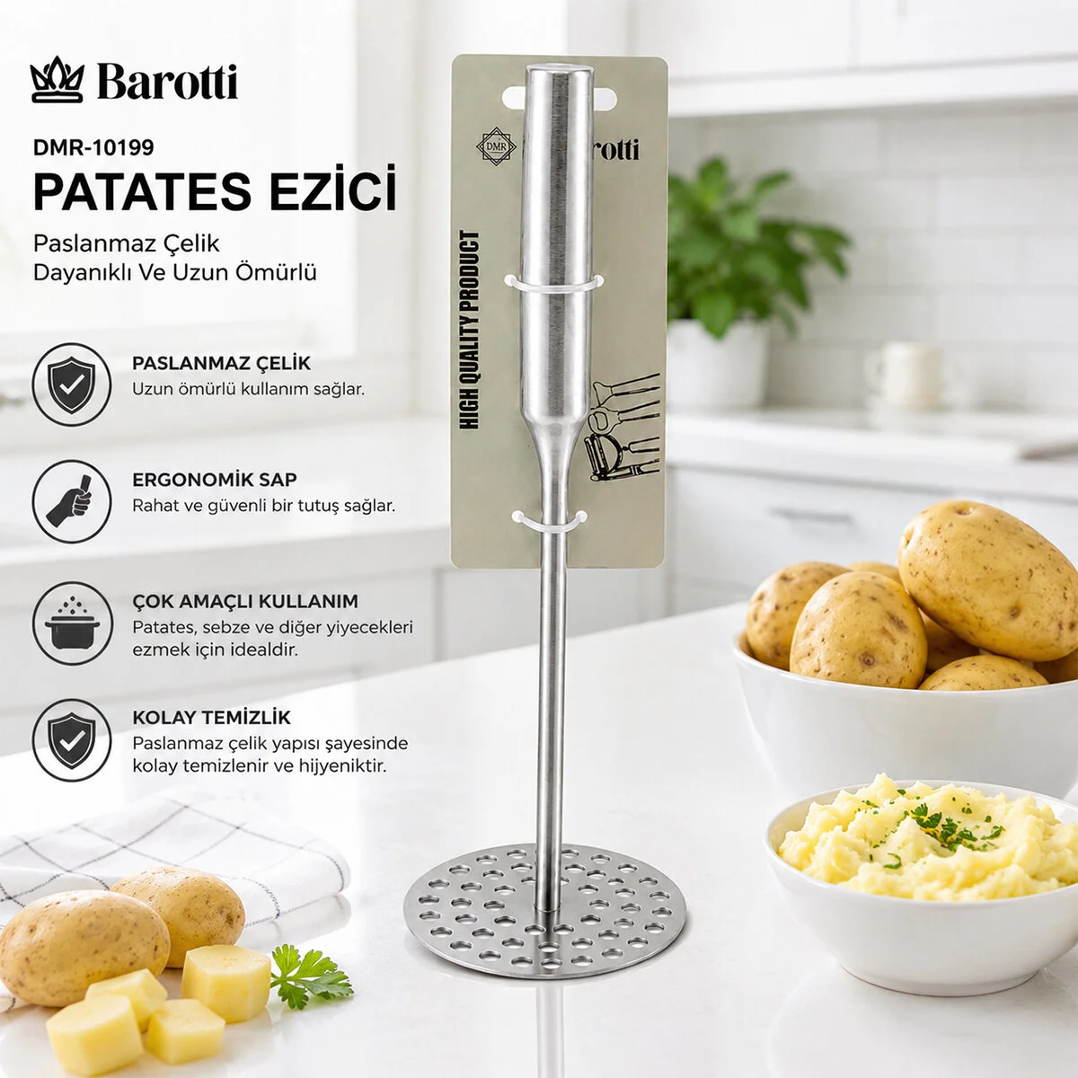 Yuvarlak Çap : 8CM Metal Saplı = 11.5CM Metal Patates Ezici Toplam Uzunluk : 26.5CM Fiyatı, Yorumları ve Özellikleri