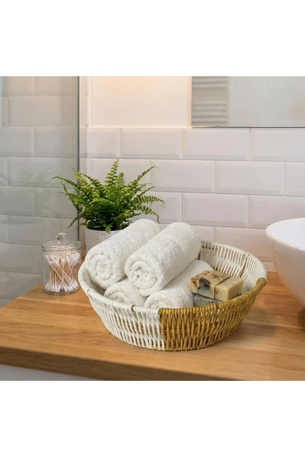 Yuvarlak Çift Renkli Plastik Rattan Ekmek ve Meyve Sepeti - Çok Amaçlı Banyo ve Mutfak Düzenleyici - - Görsel 3