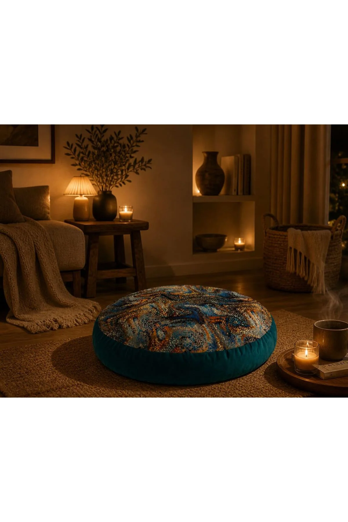 Yuvarlak Desenli Yer Minderi - Modern Dekoratif Oturma Minderi- Yumuşak Dolgulu Salon -Balkon Uyumlu