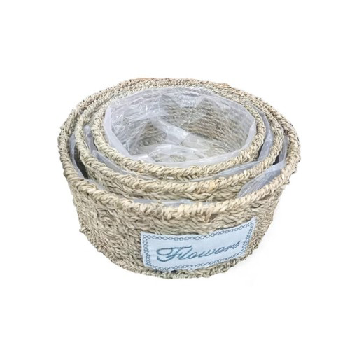 Yuvarlak Doğal Hasır Saksı Seti (3'lü) Çiçek Desenli İç İçe Geçeb Yuvarlak Doğal Hasır Saksı Seti (3'lü) Çiçek Desenli İç İçe Geçeb