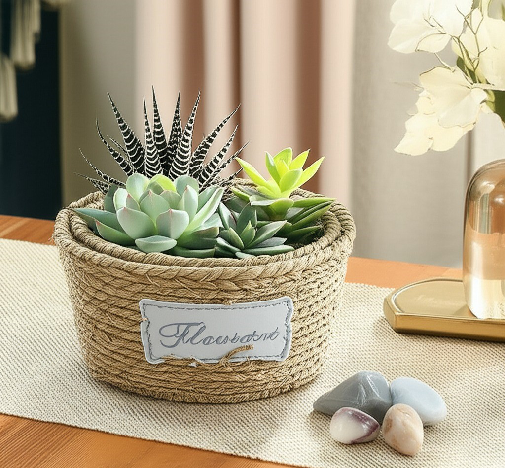 Yuvarlak Doğal Hasır Saksı Seti (3'lü) Çiçek Desenli İç İçe Geçeb Yuvarlak Doğal Hasır Saksı Seti (3'lü) Çiçek Desenli İç İçe Geçeb