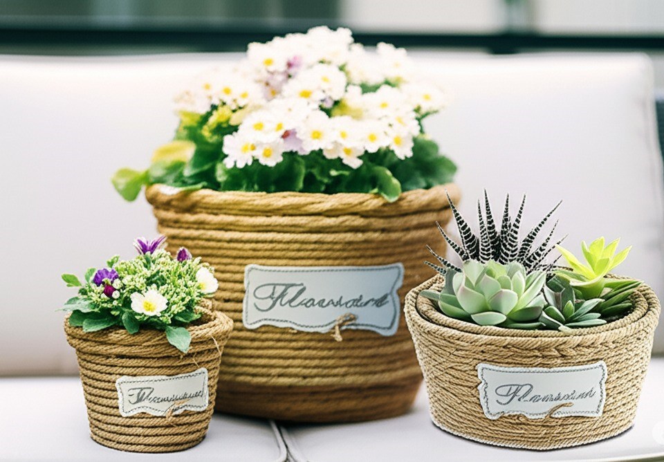 Yuvarlak Doğal Hasır Saksı Seti (3'lü) Çiçek Desenli İç İçe Geçeb Yuvarlak Doğal Hasır Saksı Seti (3'lü) Çiçek Desenli İç İçe Geçeb